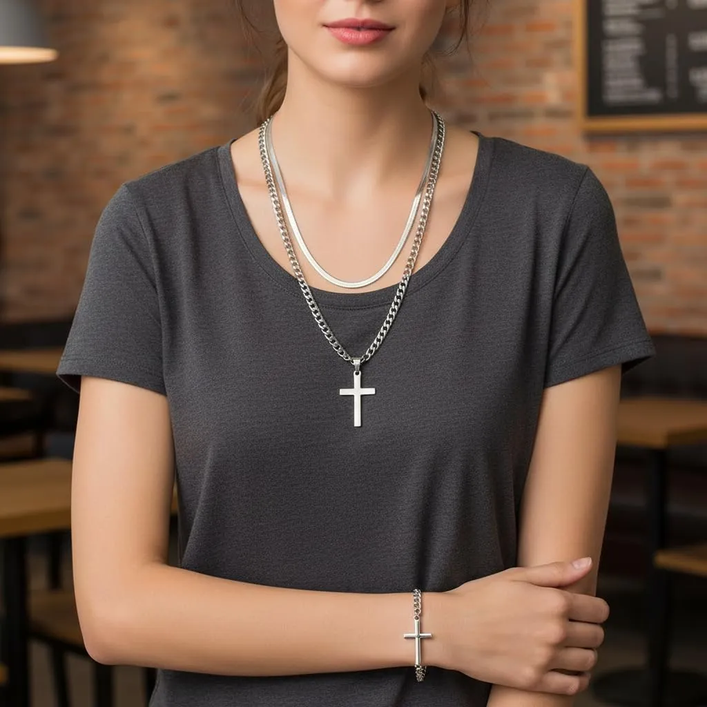 CBMZHF Set di 3 catene da uomo in argento con croce in acciaio inox e bracciale a forma di croce, catena a serpente cubana robusta, collane da uomo, gioielli regalo - immagine 6