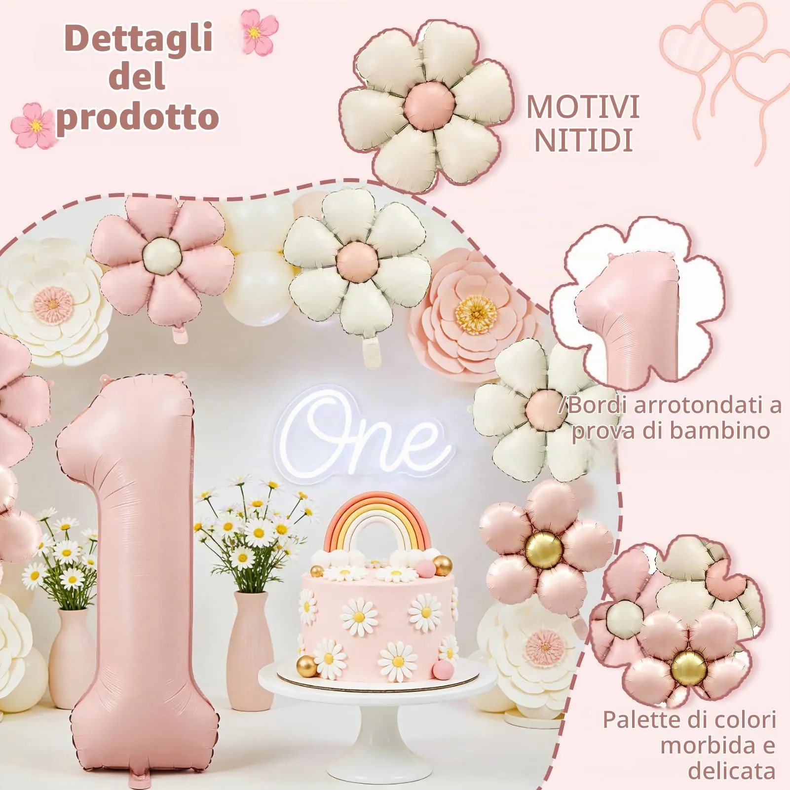 7 Pezzi Palloncini Compleanno 1 Anno Bimba, Palloncino Foil Margherita - immagine 3