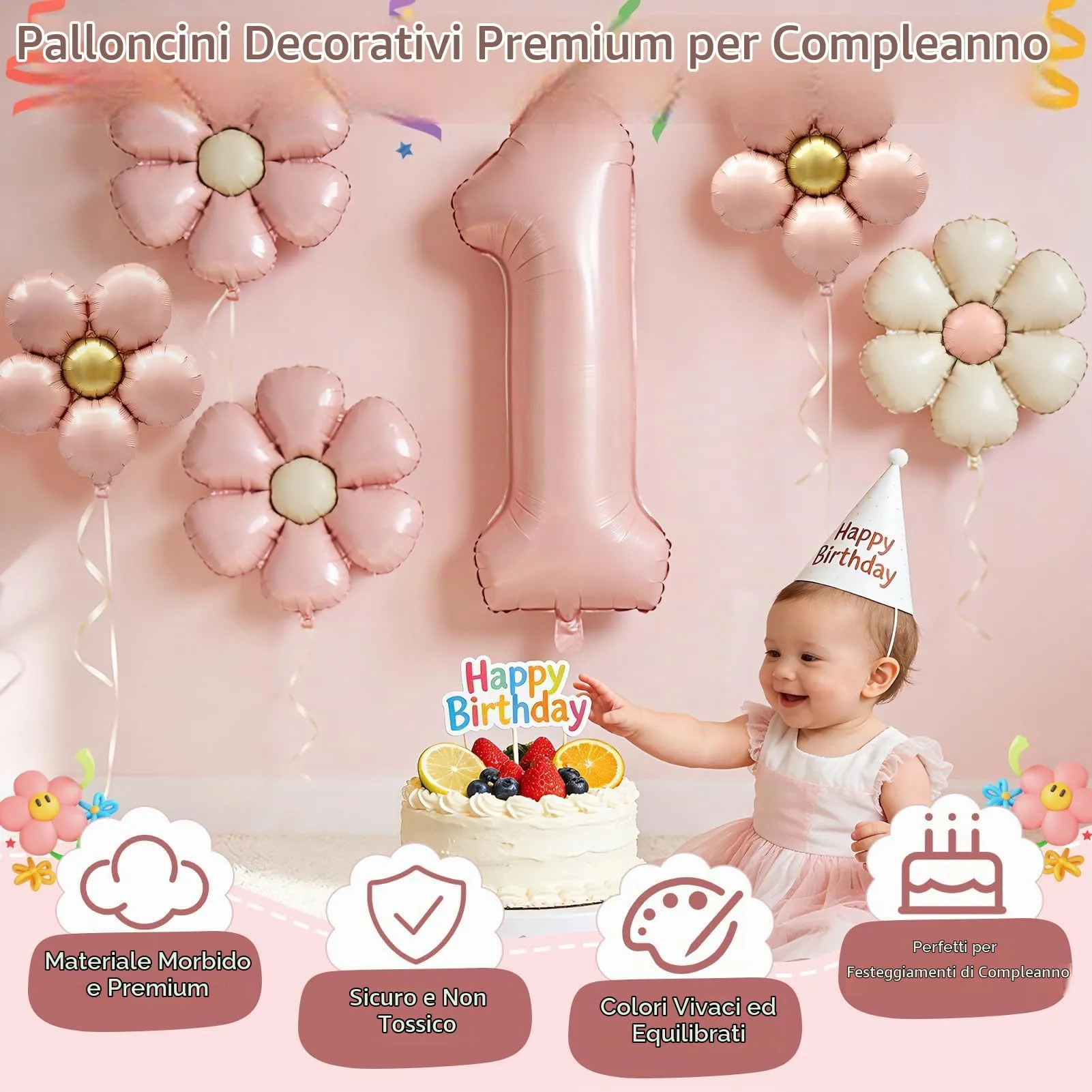 7 Pezzi Palloncini Compleanno 1 Anno Bimba, Palloncino Foil Margherita - immagine 5
