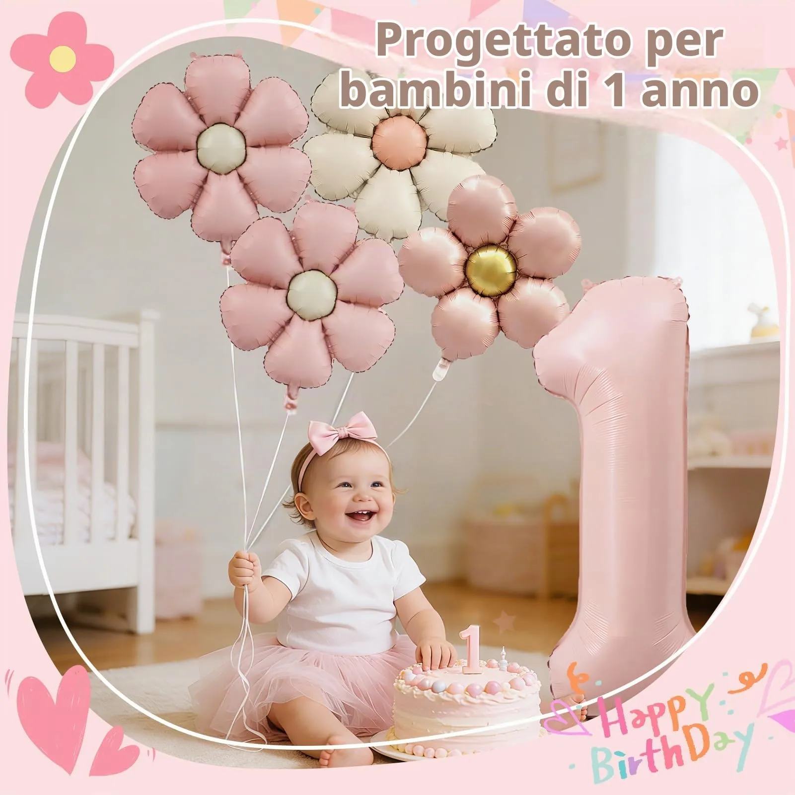 7 Pezzi Palloncini Compleanno 1 Anno Bimba, Palloncino Foil Margherita - immagine 7