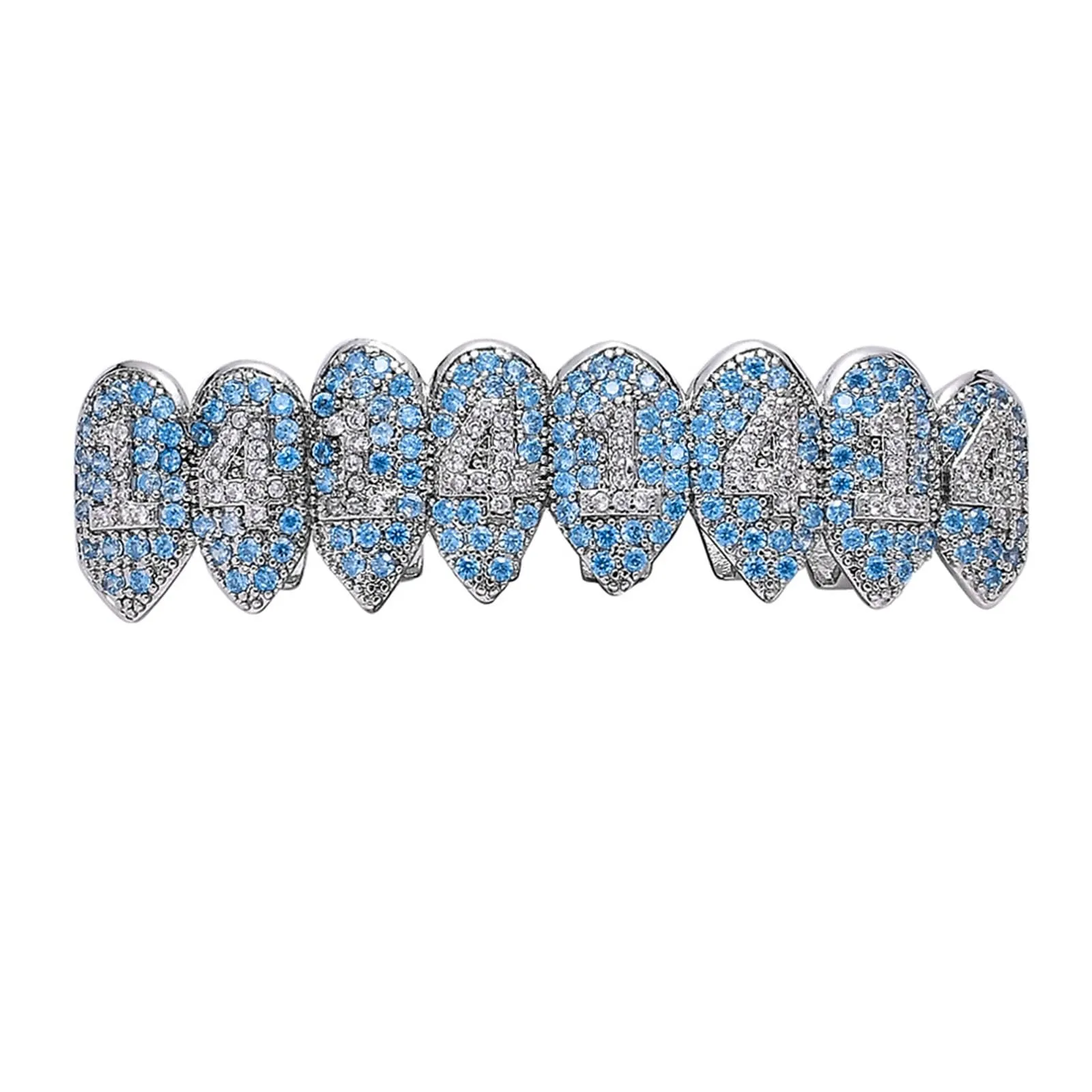 AHTCPO Grillz Hip Hop Placcati Oro con Strass CZ Blu & Bianco - Set di Dentari Superiori & Inferiori Regolabili Brillanti per Feste & Spettacoli(Platinum Upper Teeth) - immagine 1
