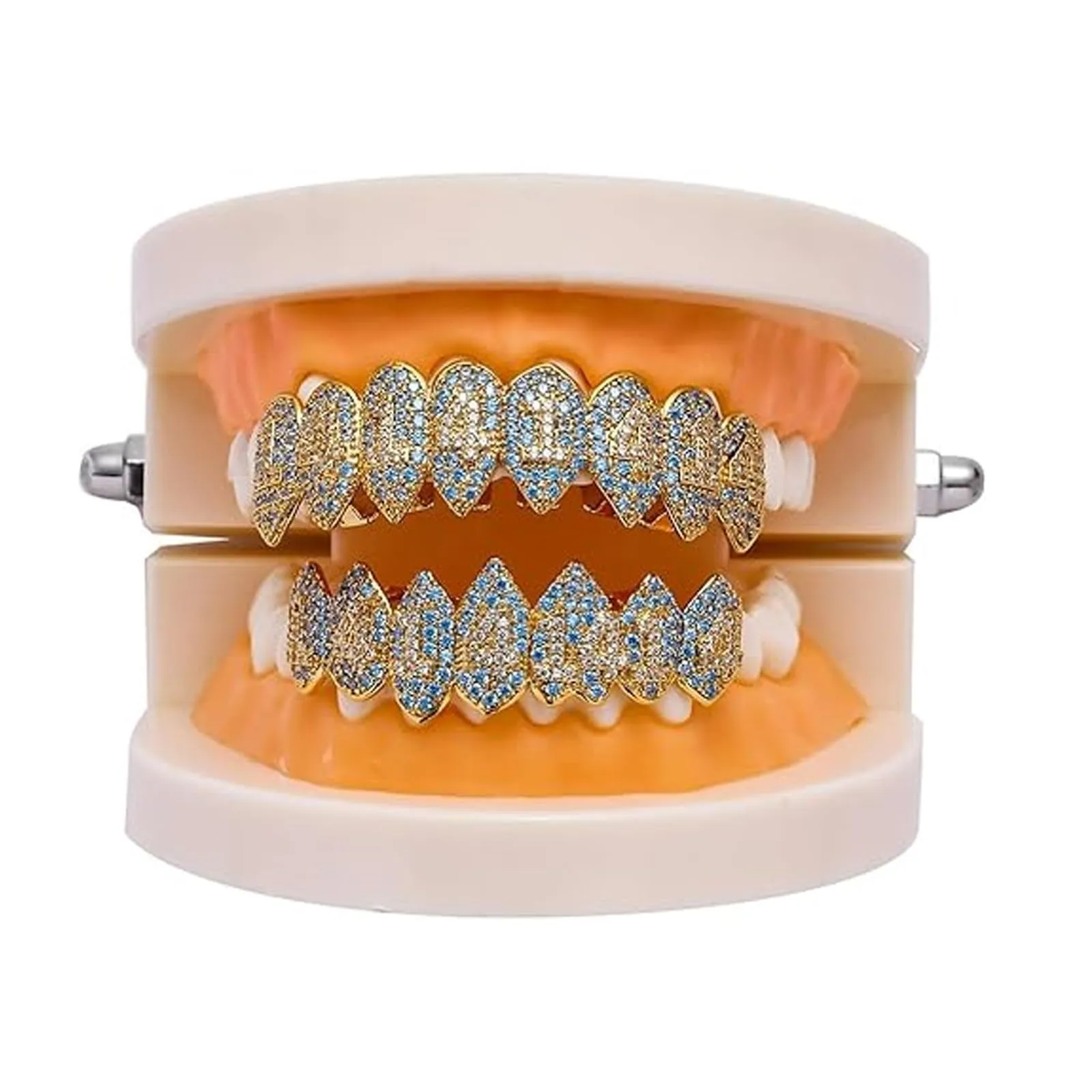 AHTCPO Grillz Hip Hop Placcati Oro con Strass CZ Blu & Bianco - Set di Dentari Superiori & Inferiori Regolabili Brillanti per Feste & Spettacoli(Platinum Upper Teeth) - immagine 6