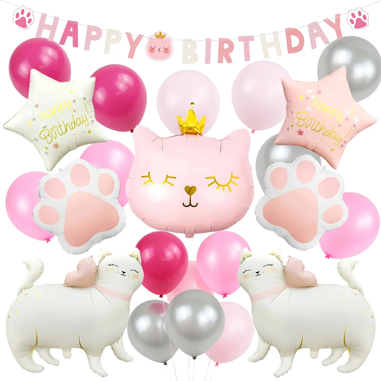 24 Pezzi Palloncini Gatto Compleanno, Corone di Gatti Palloncini - immagine 1