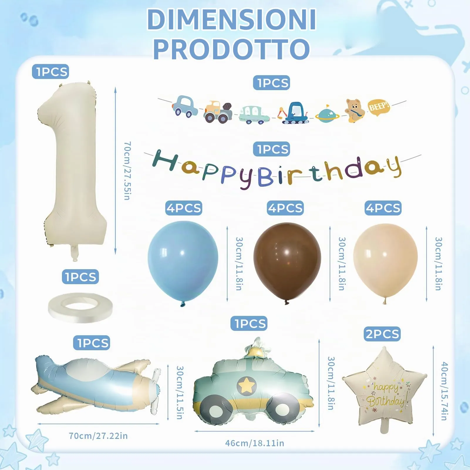 Palloncini Compleanno 1 Anni Bambino 18 Pezzi, Palloncini Auto Aerei 1 anni - immagine 2