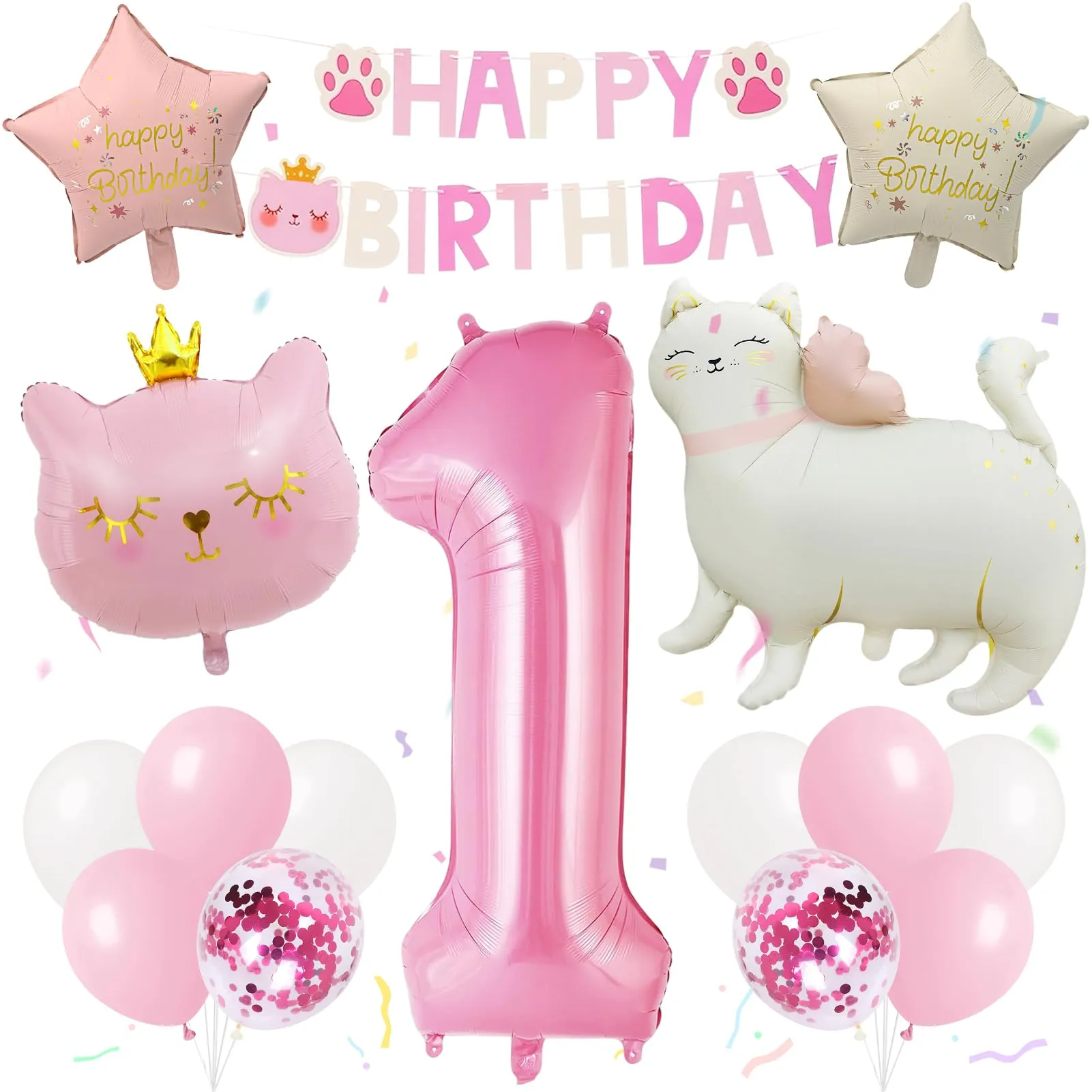 16pcs Palloncini 1 Anni Gatti,Decorazione di Compleanni per Bambine 1 Anni - immagine 1