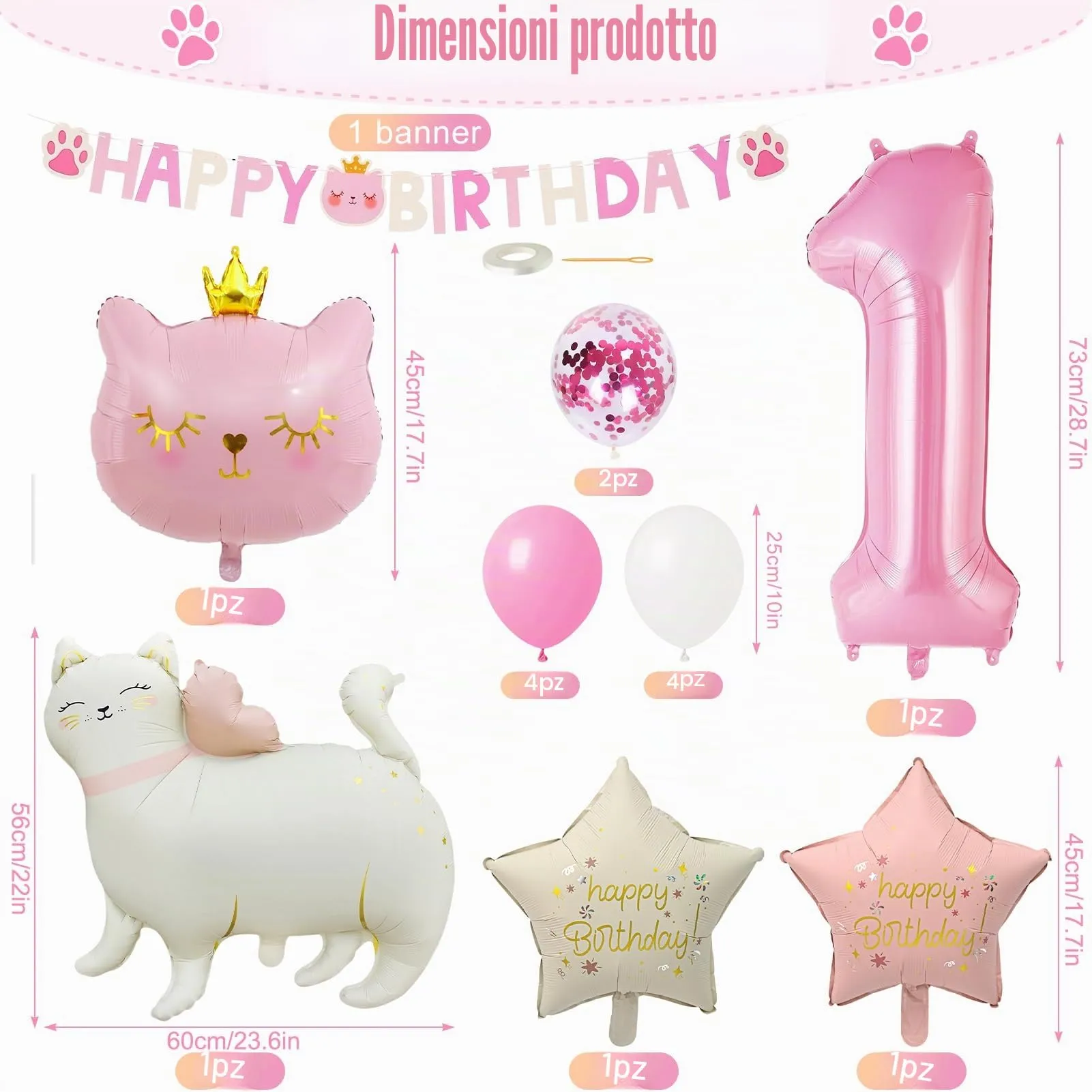 16pcs Palloncini 1 Anni Gatti,Decorazione di Compleanni per Bambine 1 Anni - immagine 2