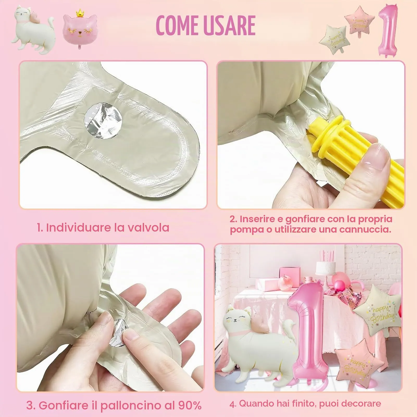 16pcs Palloncini 1 Anni Gatti,Decorazione di Compleanni per Bambine 1 Anni - immagine 3