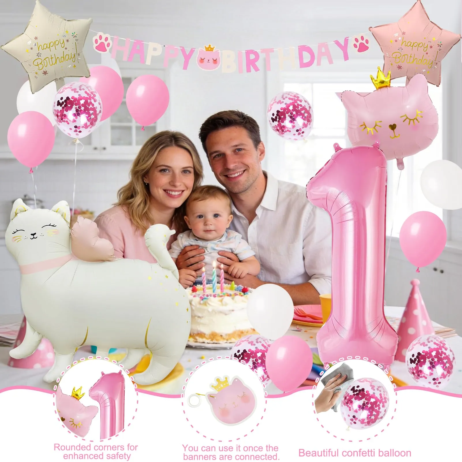 16pcs Palloncini 1 Anni Gatti,Decorazione di Compleanni per Bambine 1 Anni - immagine 4