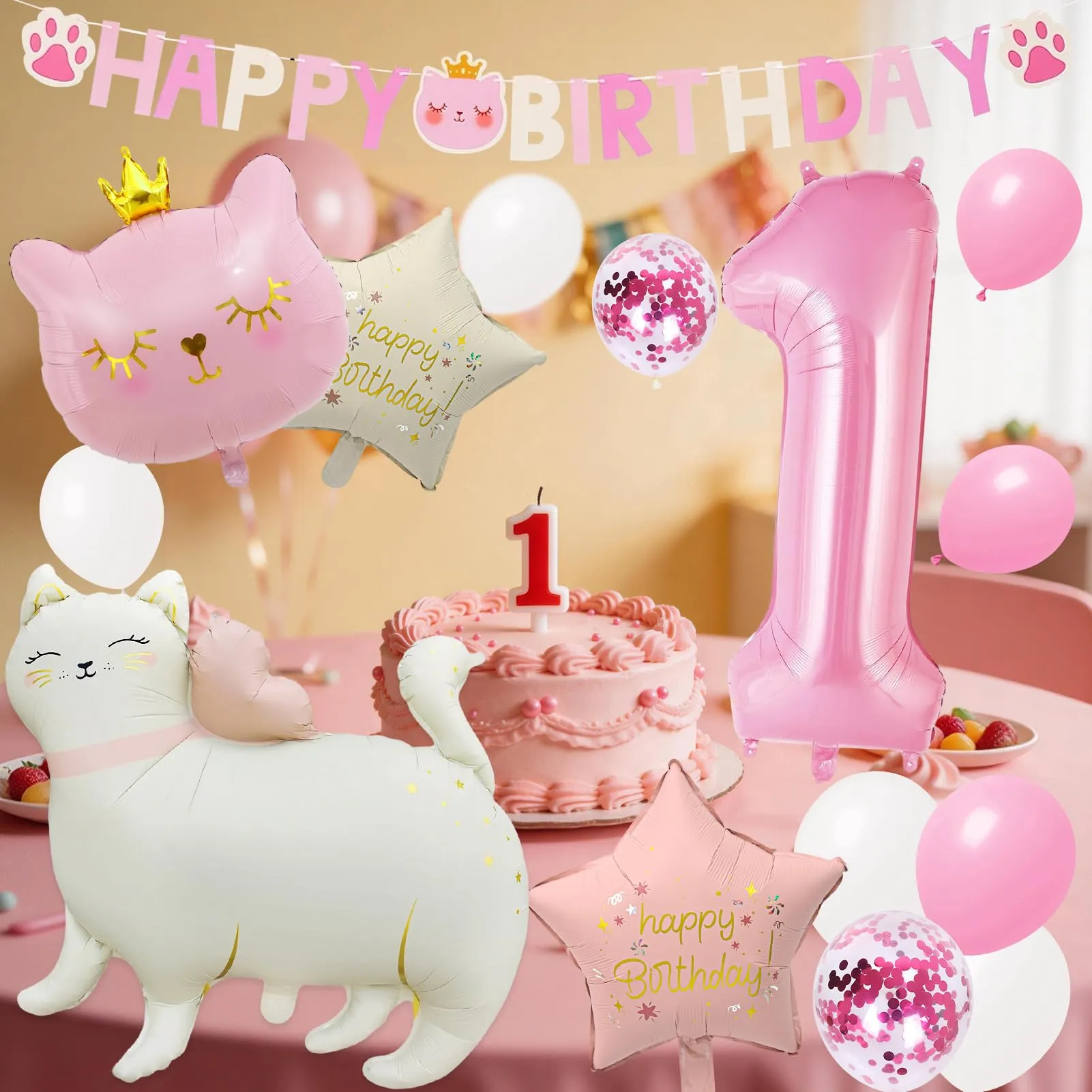 16pcs Palloncini 1 Anni Gatti,Decorazione di Compleanni per Bambine 1 Anni - immagine 5