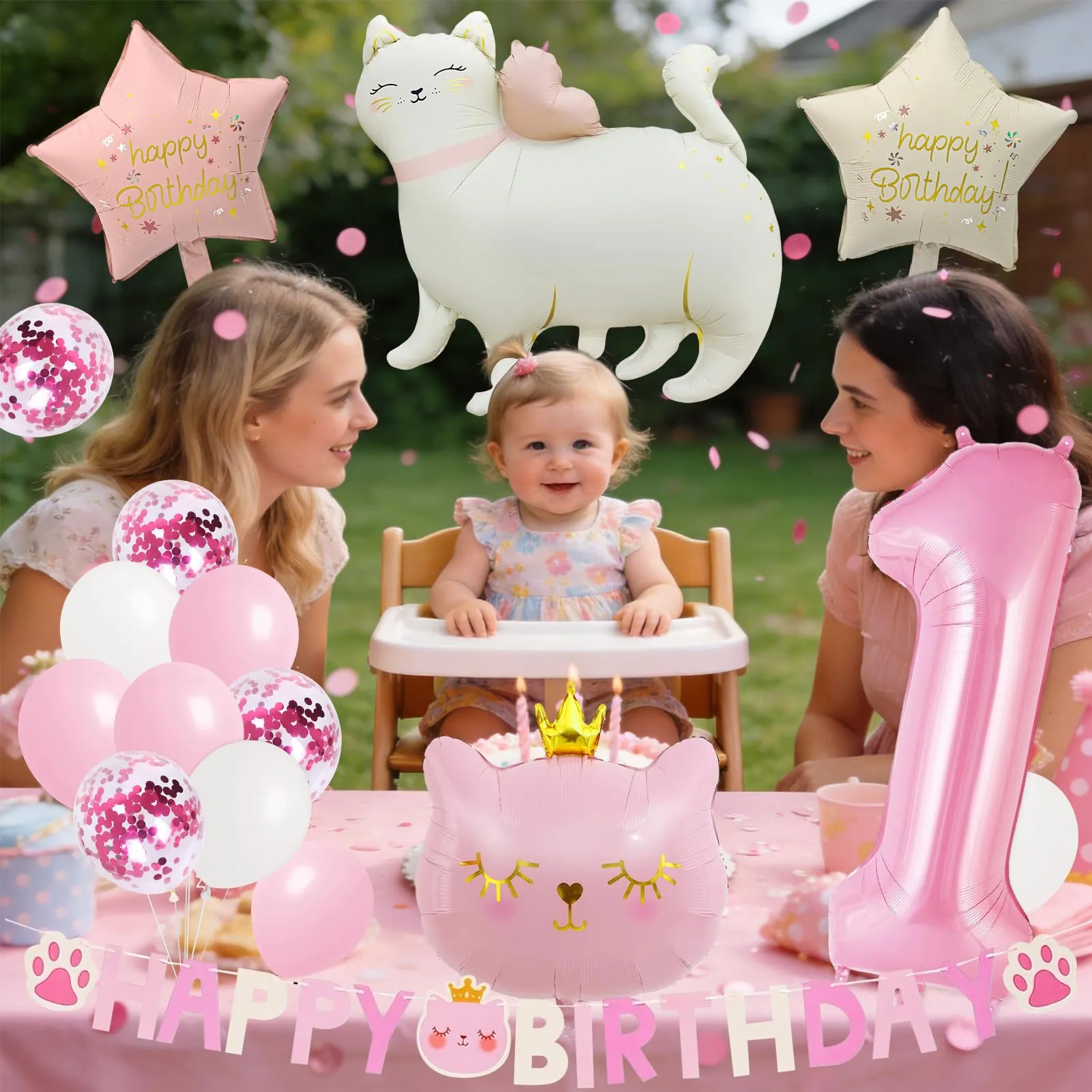 16pcs Palloncini 1 Anni Gatti,Decorazione di Compleanni per Bambine 1 Anni - immagine 6