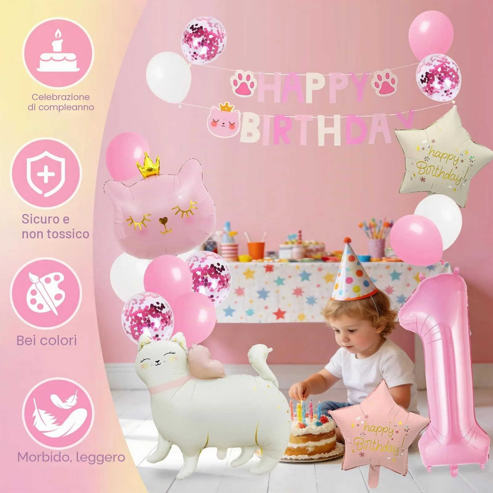16pcs Palloncini 1 Anni Gatti,Decorazione di Compleanni per Bambine 1 Anni - immagine 7
