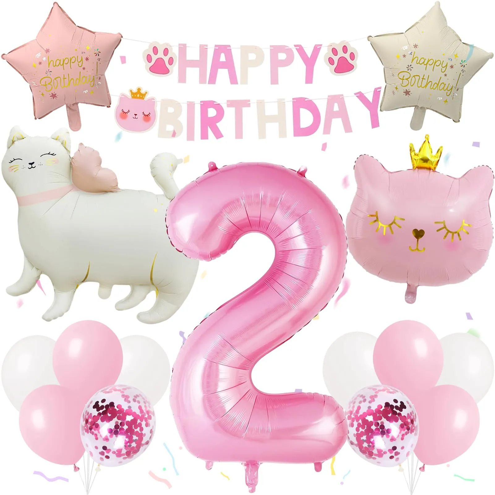 16 Stück Luftballon Geburtstag 2 Mädchen Katze, Folienballon 2 Katze - immagine 1