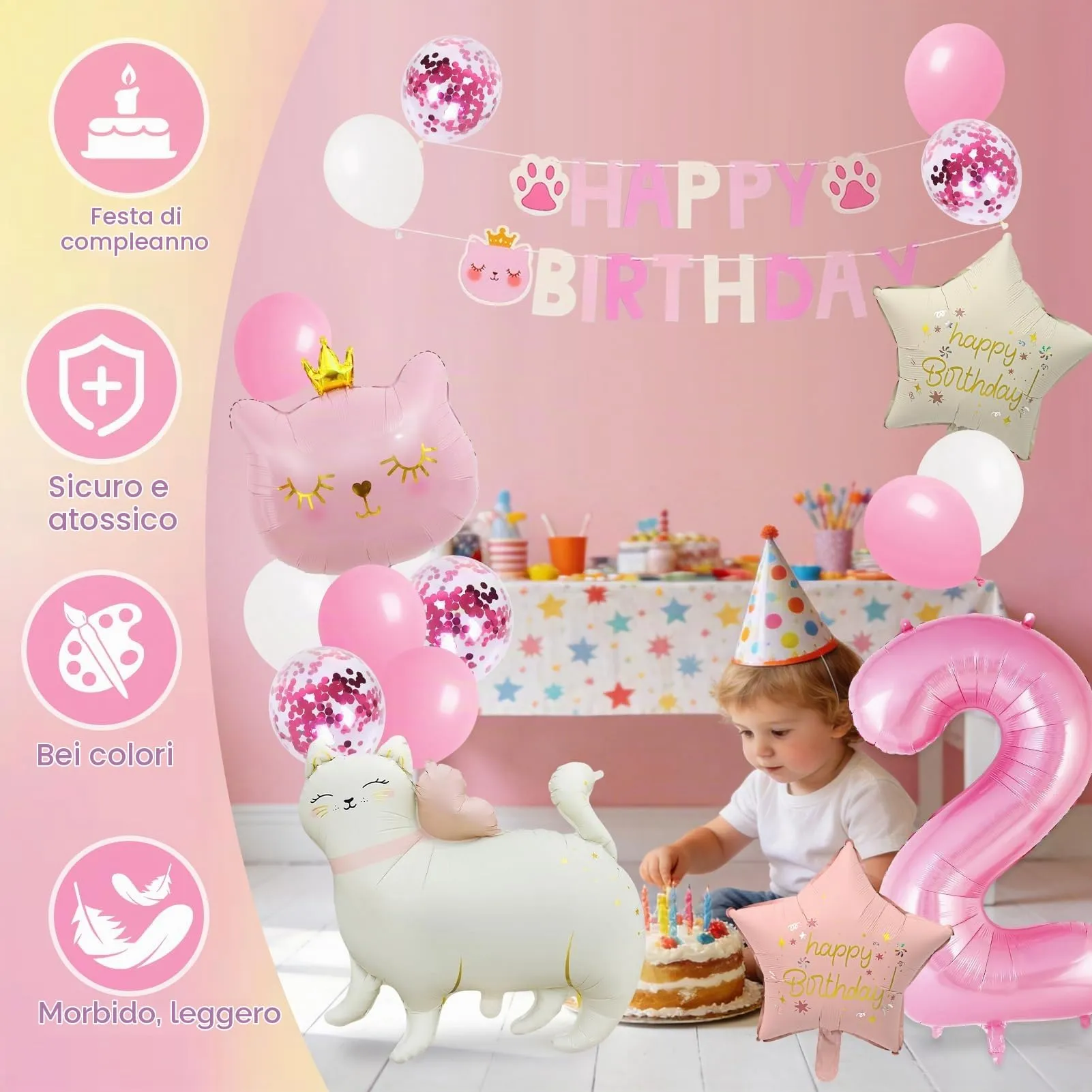 16 Stück Luftballon Geburtstag 2 Mädchen Katze, Folienballon 2 Katze - immagine 6