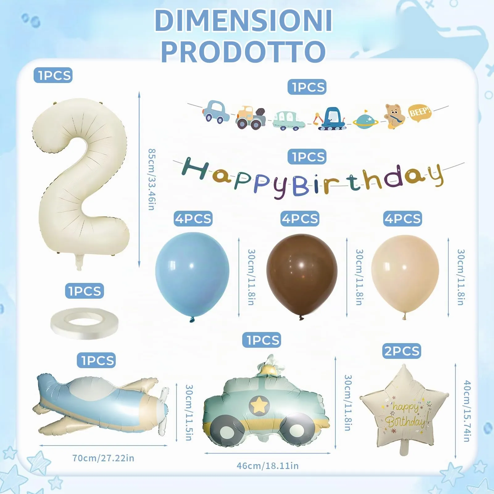18 Pezzi Palloncini Compleanno 2 Anni Bambino, Palloncini Auto Aerei 2 Anni - immagine 2