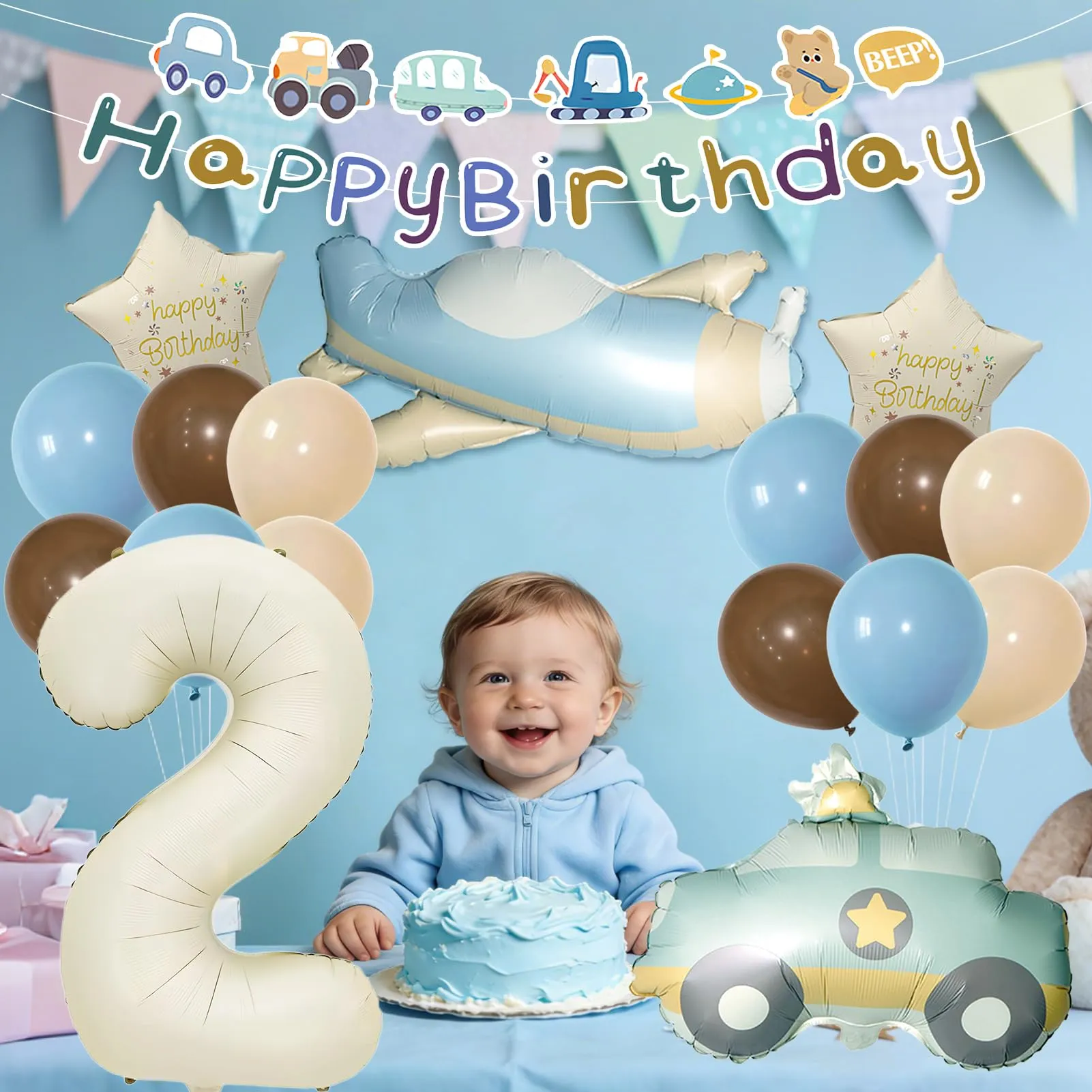 18 Pezzi Palloncini Compleanno 2 Anni Bambino, Palloncini Auto Aerei 2 Anni - immagine 6
