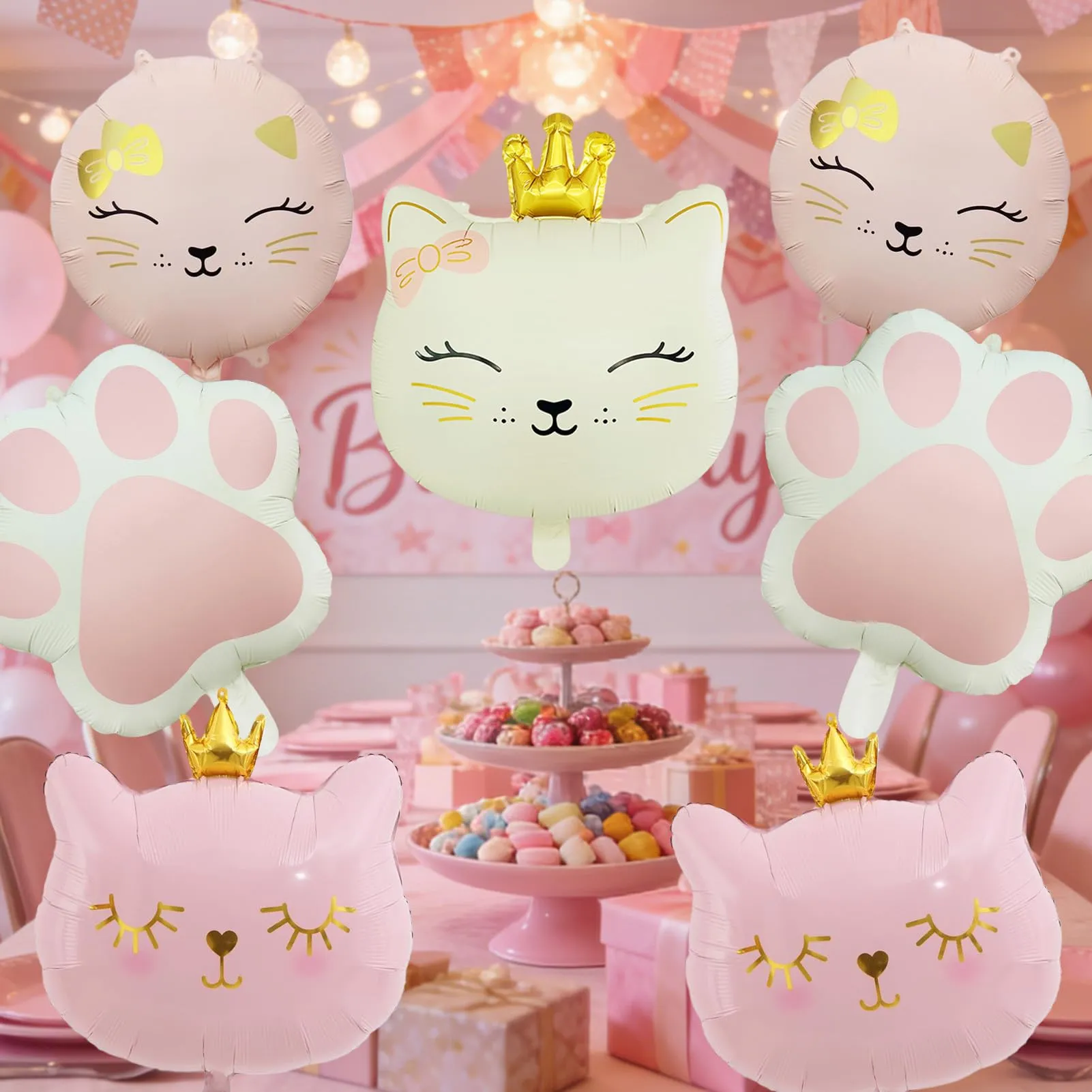 7 Pezzi Palloncino di Gatto, Gatto Compleanno Decorazioni Palloncini - immagine 4