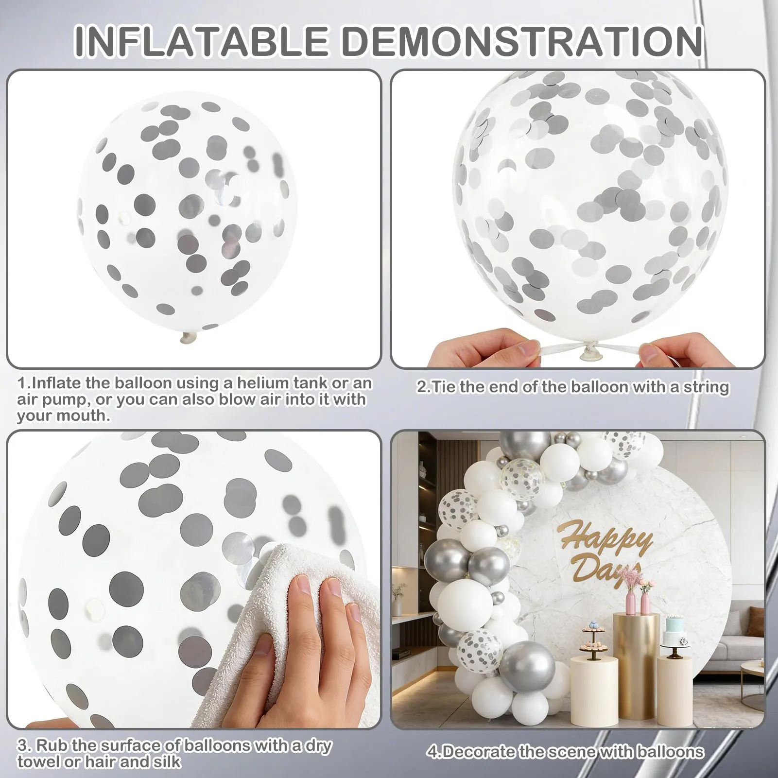 60 Pezzi Palloncini Bianco Coriandoli Argento - immagine 3