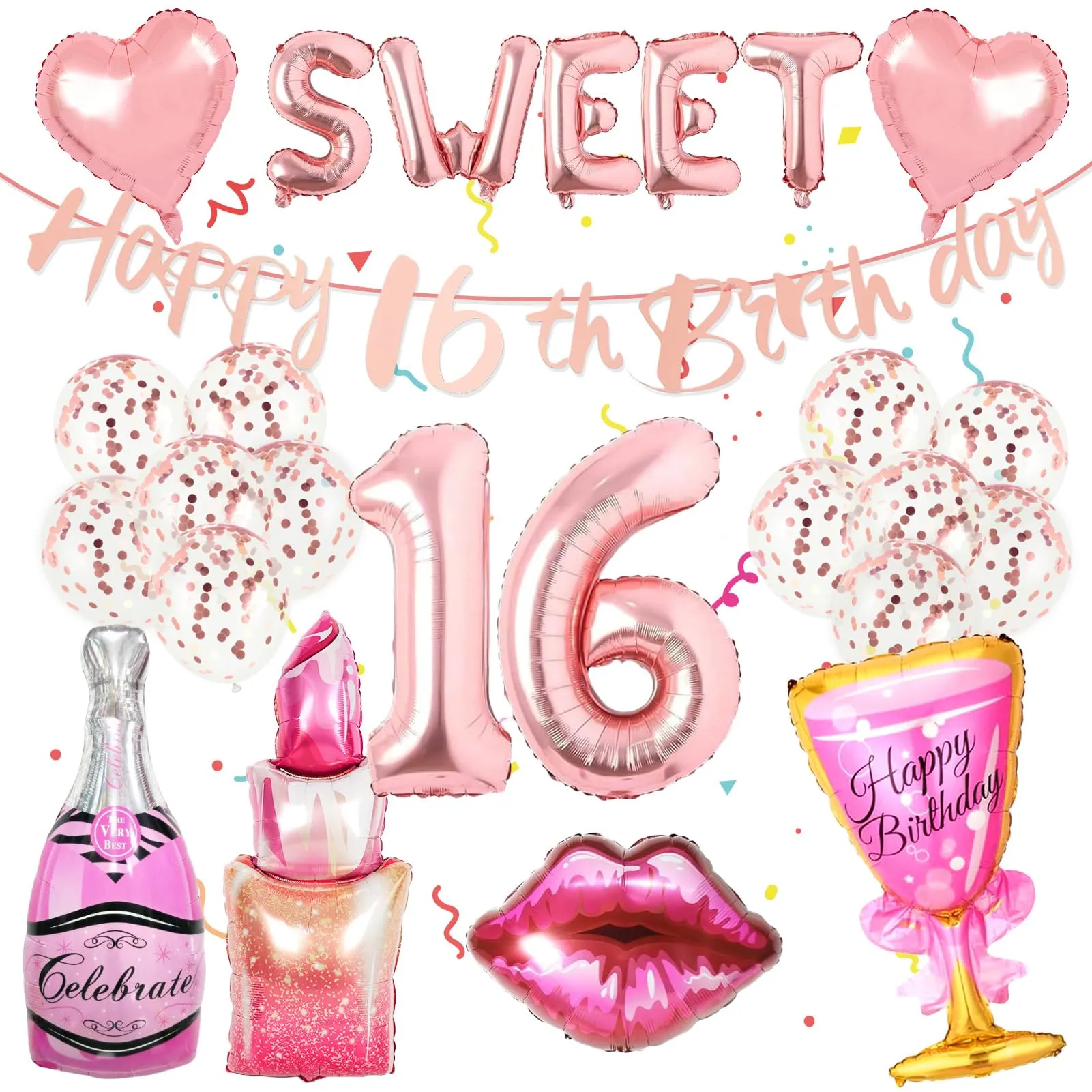 21 Pezzi 16 Anni Decorazioni Compleanno Ragazze, Palloncino 16° Compleanno Oro Rosa, Cuore, Labbra Rosse, Palloncino Rossetto, 16 Anni Compleanno Bambina - immagine 1