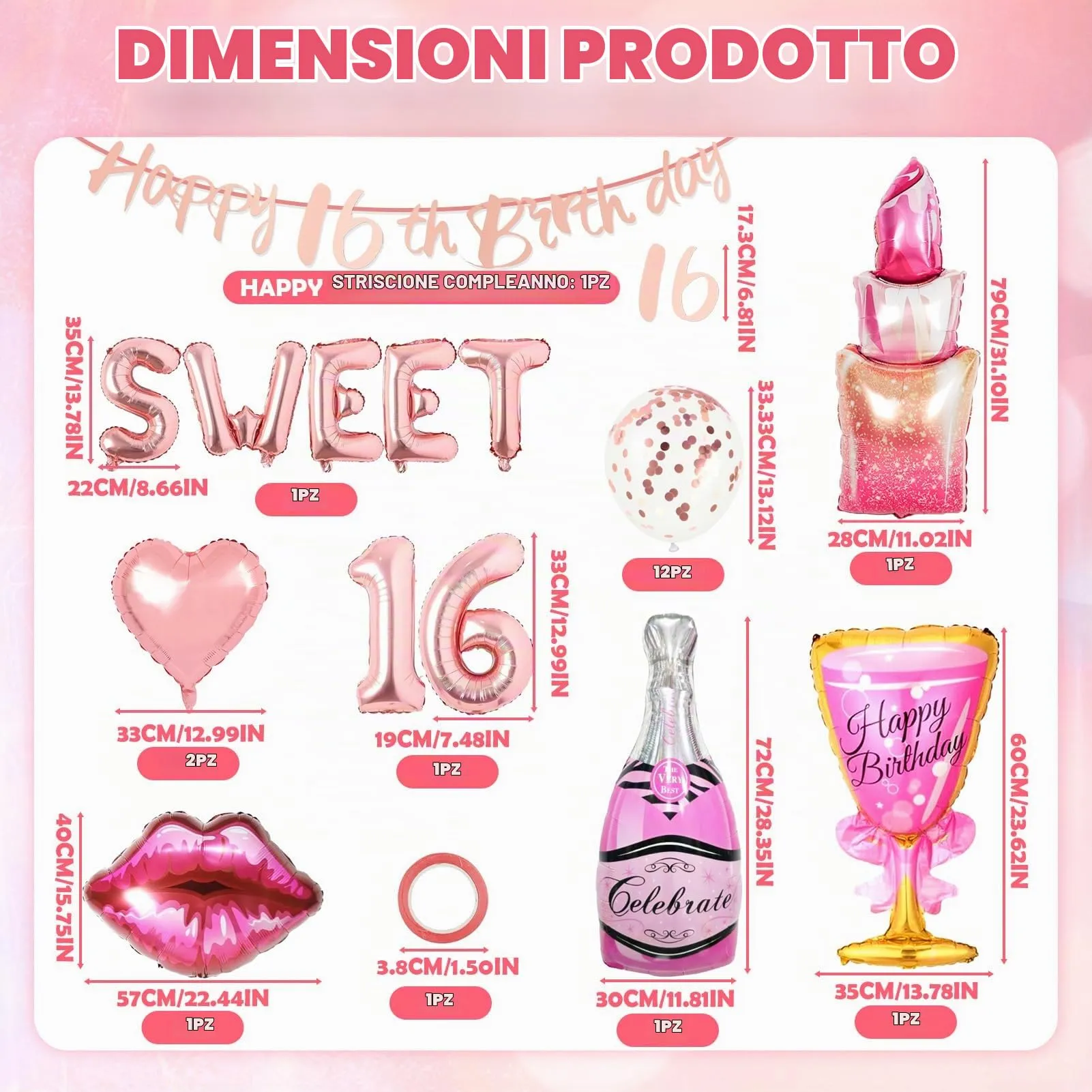 21 Pezzi 16 Anni Decorazioni Compleanno Ragazze, Palloncino 16° Compleanno Oro Rosa, Cuore, Labbra Rosse, Palloncino Rossetto, 16 Anni Compleanno Bambina - immagine 2