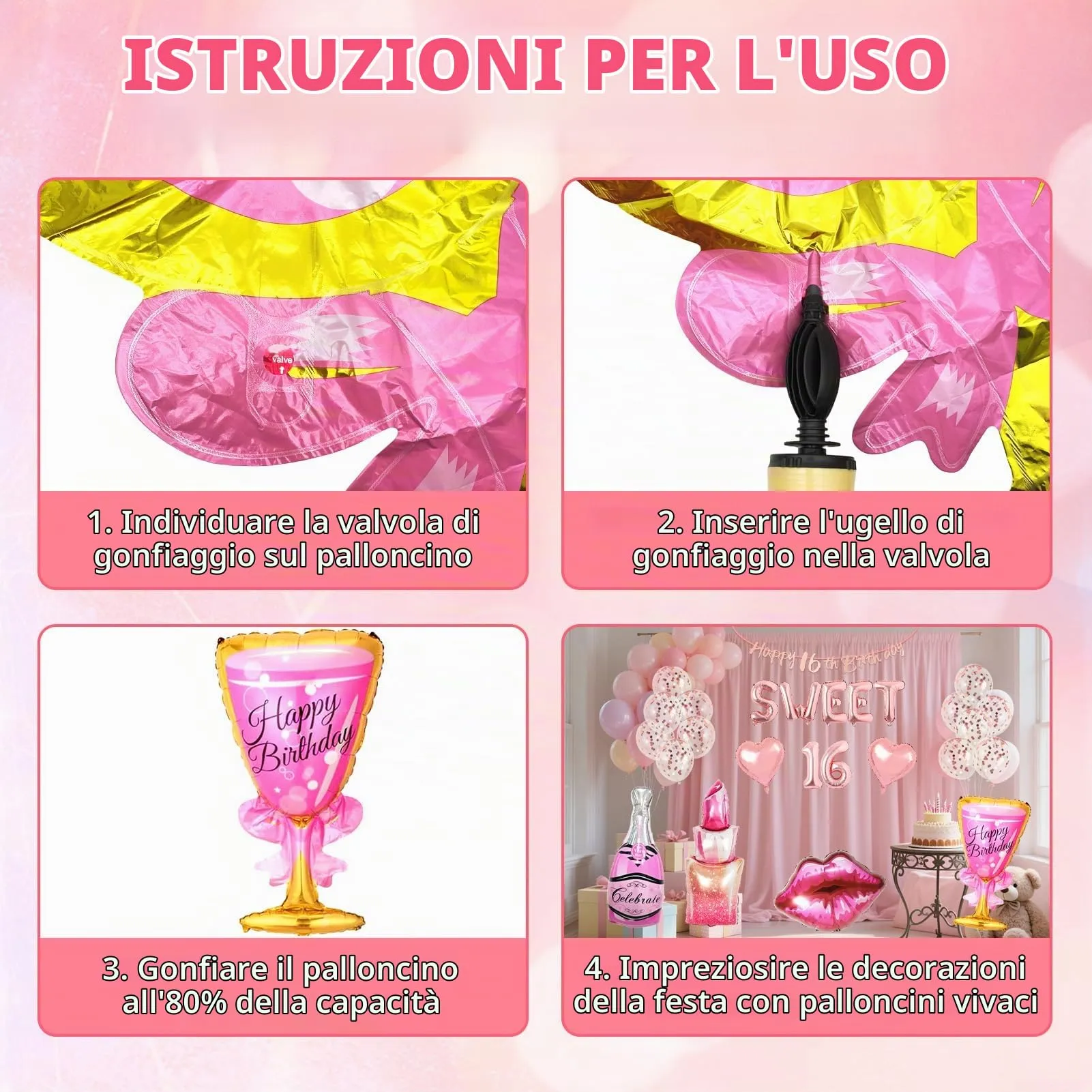 21 Pezzi 16 Anni Decorazioni Compleanno Ragazze, Palloncino 16° Compleanno Oro Rosa, Cuore, Labbra Rosse, Palloncino Rossetto, 16 Anni Compleanno Bambina - immagine 3