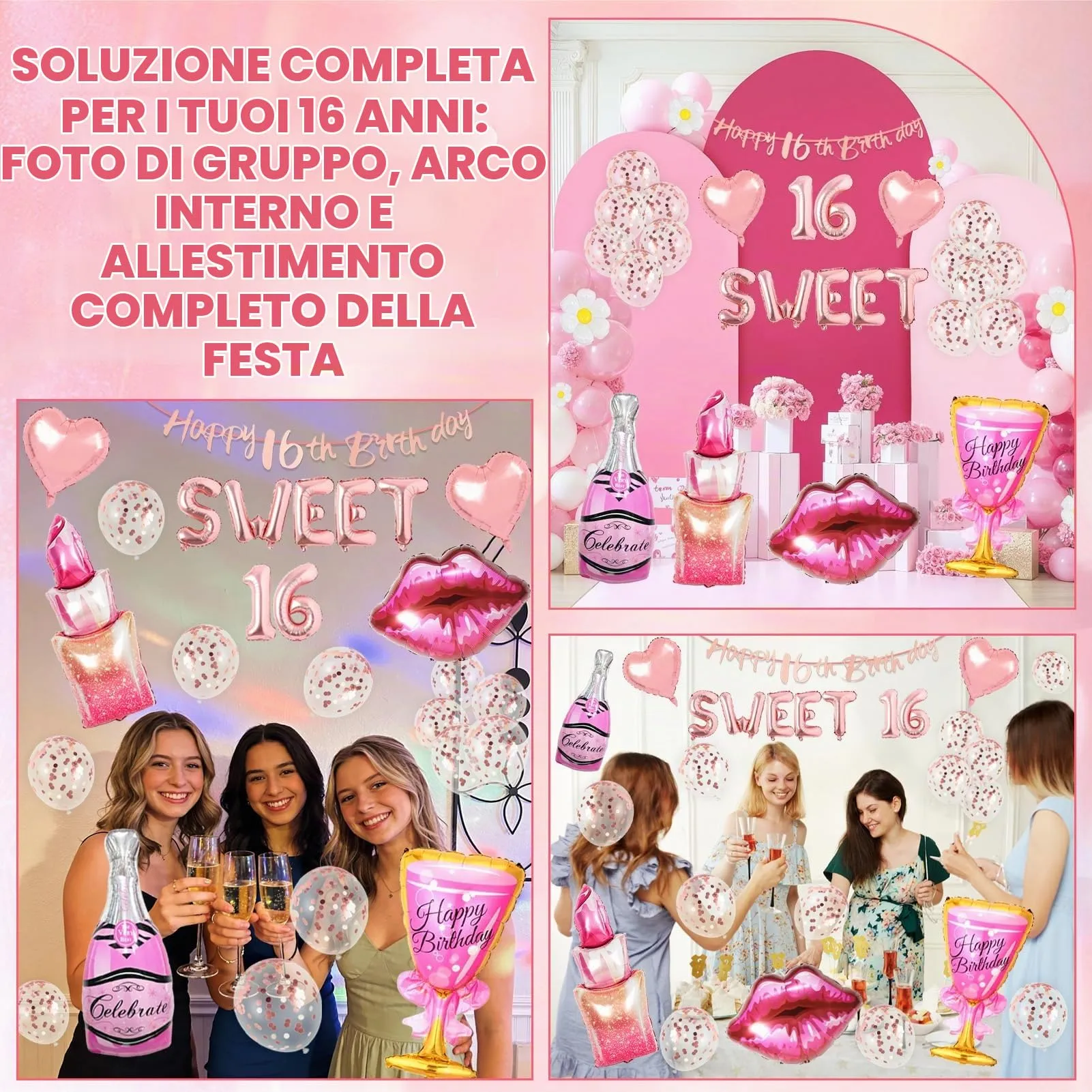 21 Pezzi 16 Anni Decorazioni Compleanno Ragazze, Palloncino 16° Compleanno Oro Rosa, Cuore, Labbra Rosse, Palloncino Rossetto, 16 Anni Compleanno Bambina - immagine 4