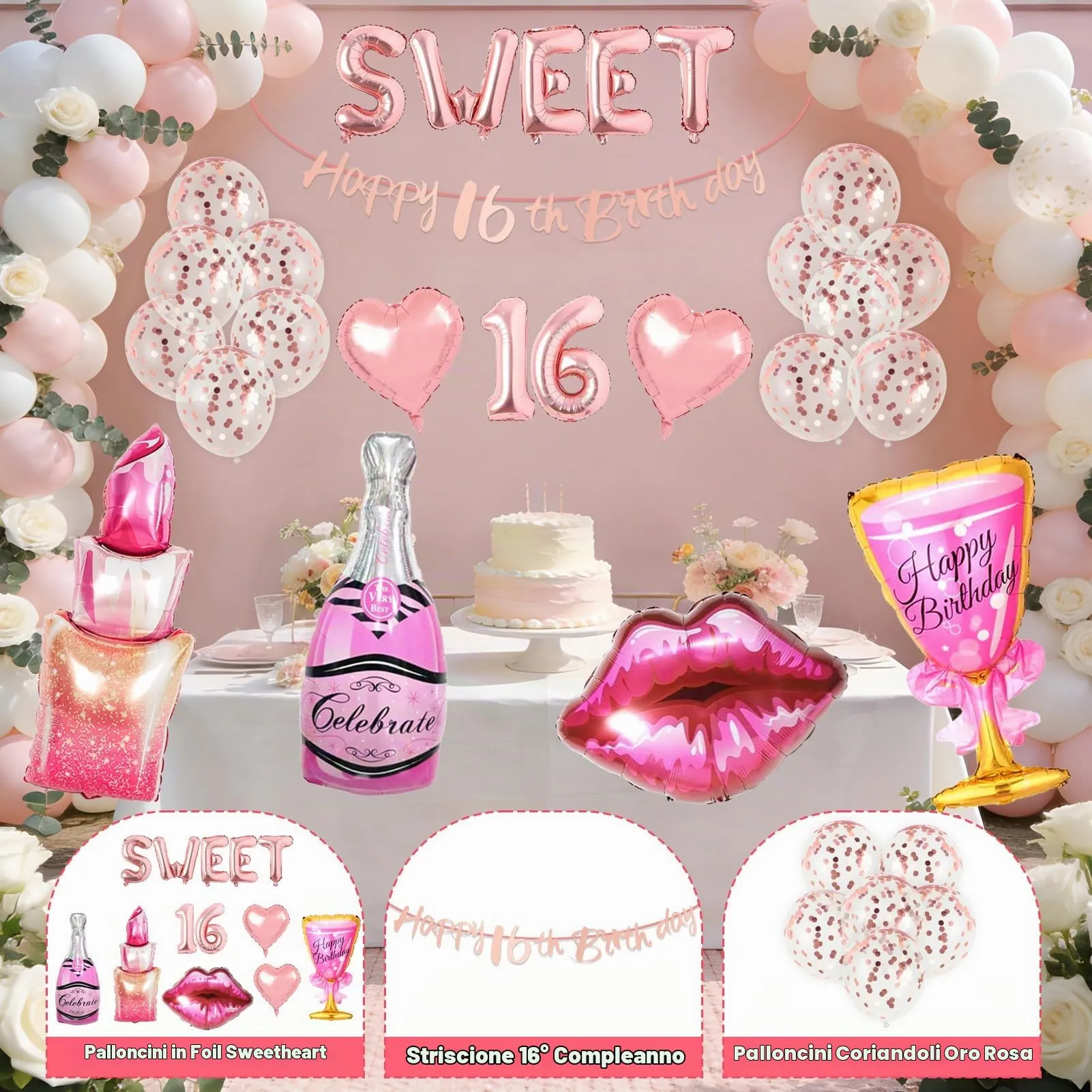 21 Pezzi 16 Anni Decorazioni Compleanno Ragazze, Palloncino 16° Compleanno Oro Rosa, Cuore, Labbra Rosse, Palloncino Rossetto, 16 Anni Compleanno Bambina - immagine 5