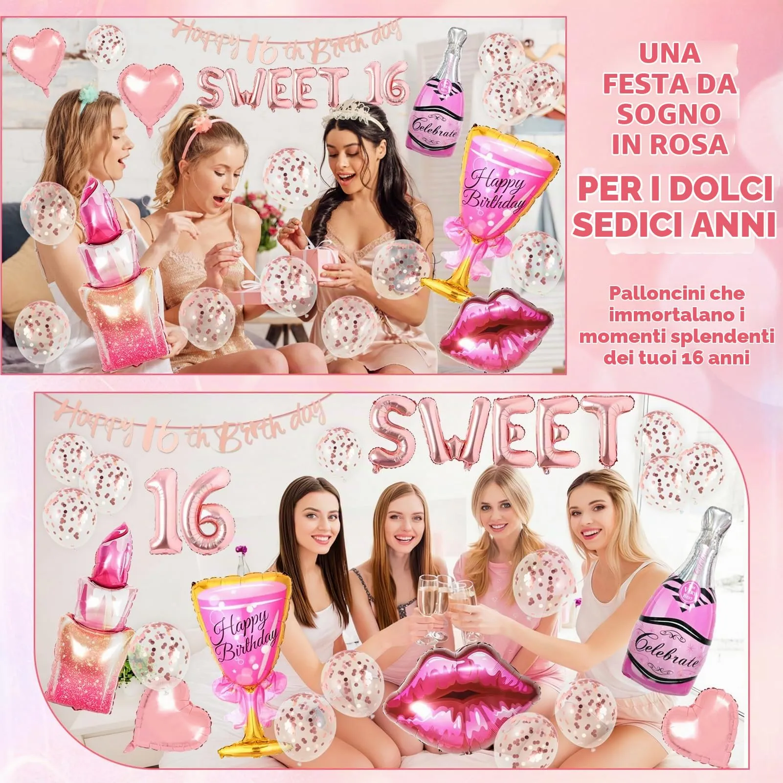 21 Pezzi 16 Anni Decorazioni Compleanno Ragazze, Palloncino 16° Compleanno Oro Rosa, Cuore, Labbra Rosse, Palloncino Rossetto, 16 Anni Compleanno Bambina - immagine 6