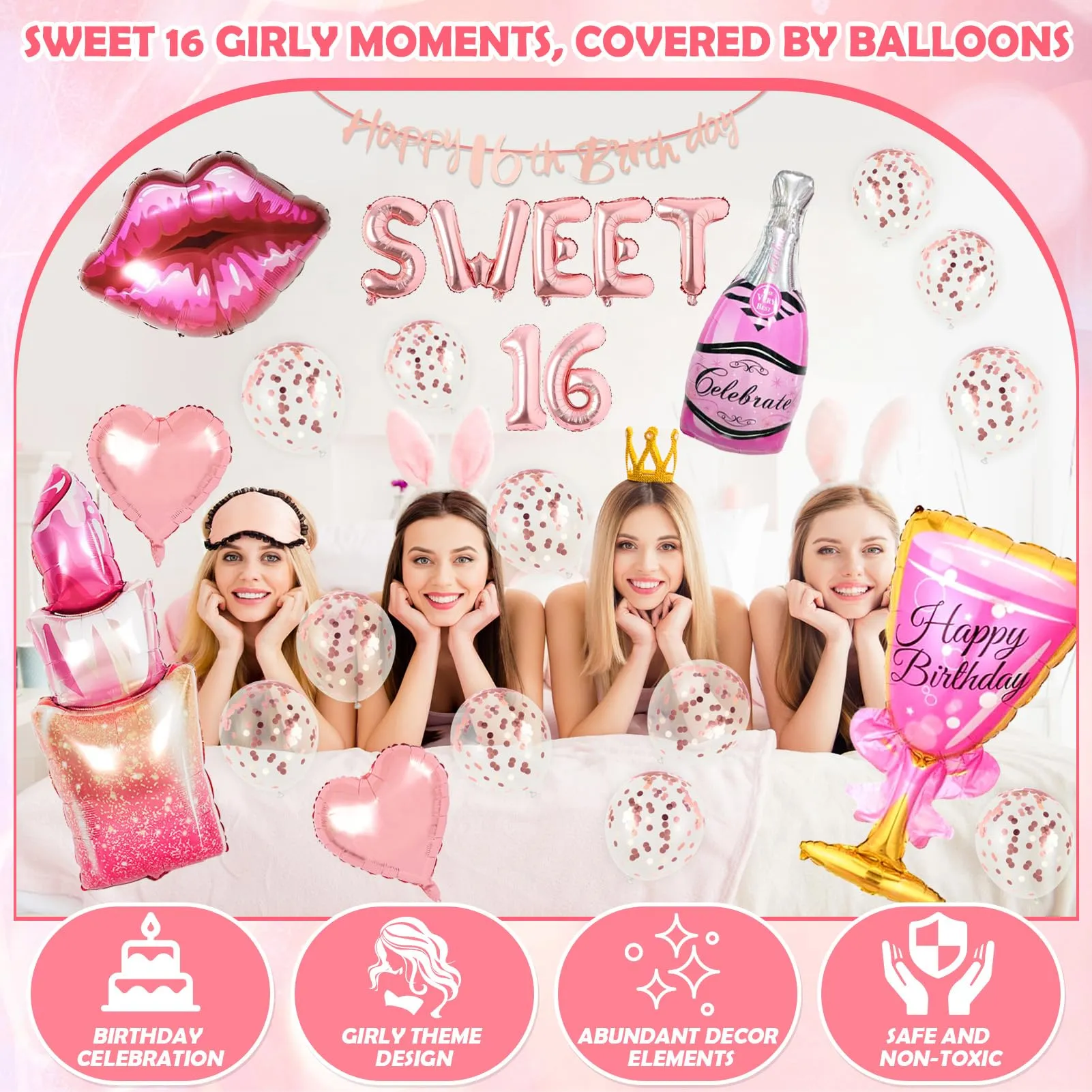 21 Pezzi 16 Anni Decorazioni Compleanno Ragazze, Palloncino 16° Compleanno Oro Rosa, Cuore, Labbra Rosse, Palloncino Rossetto, 16 Anni Compleanno Bambina - immagine 7