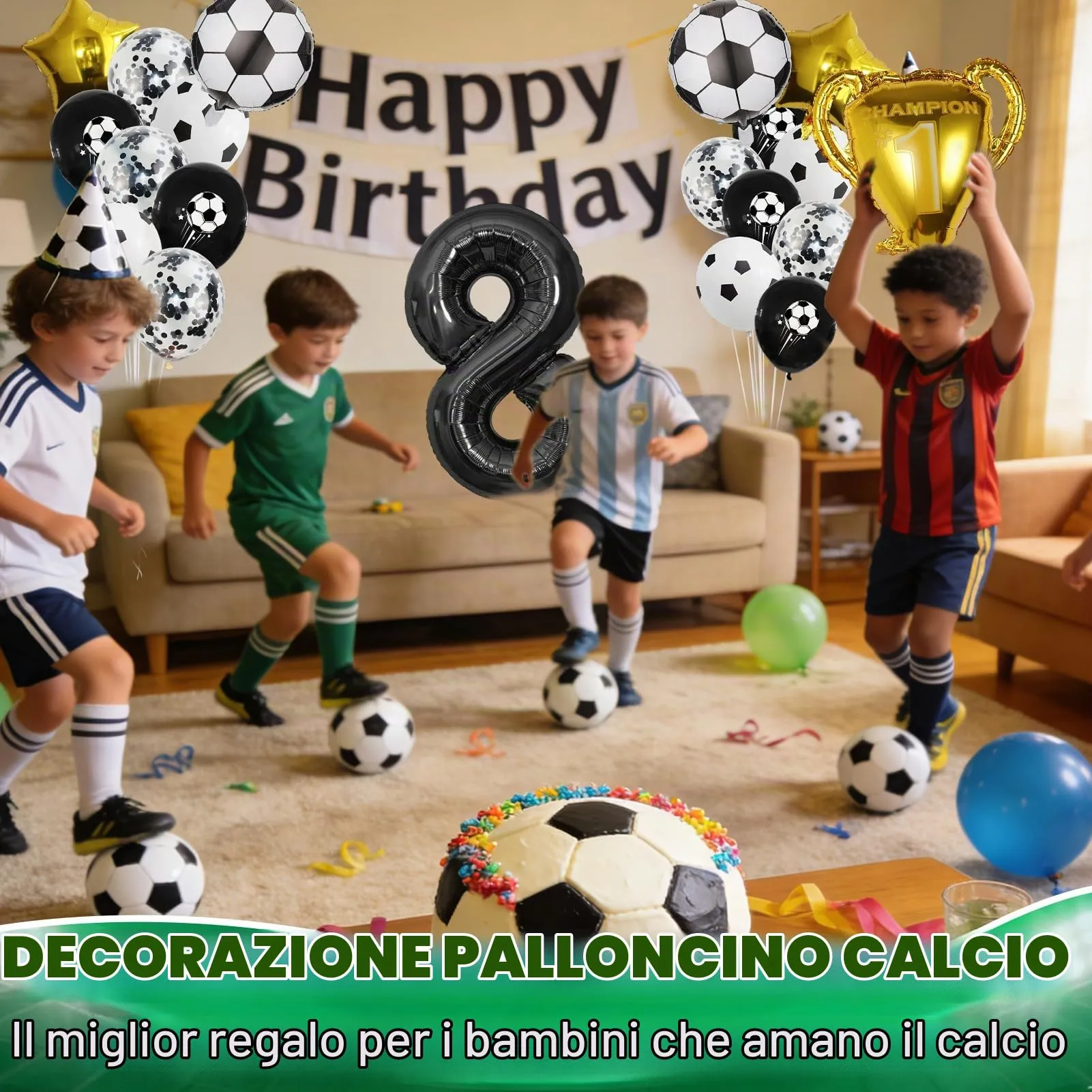 21 Pezzi Decorazioni Compleanno Calcio 8 Anni,8 Anni calcio Palloncino Foil - immagine 7