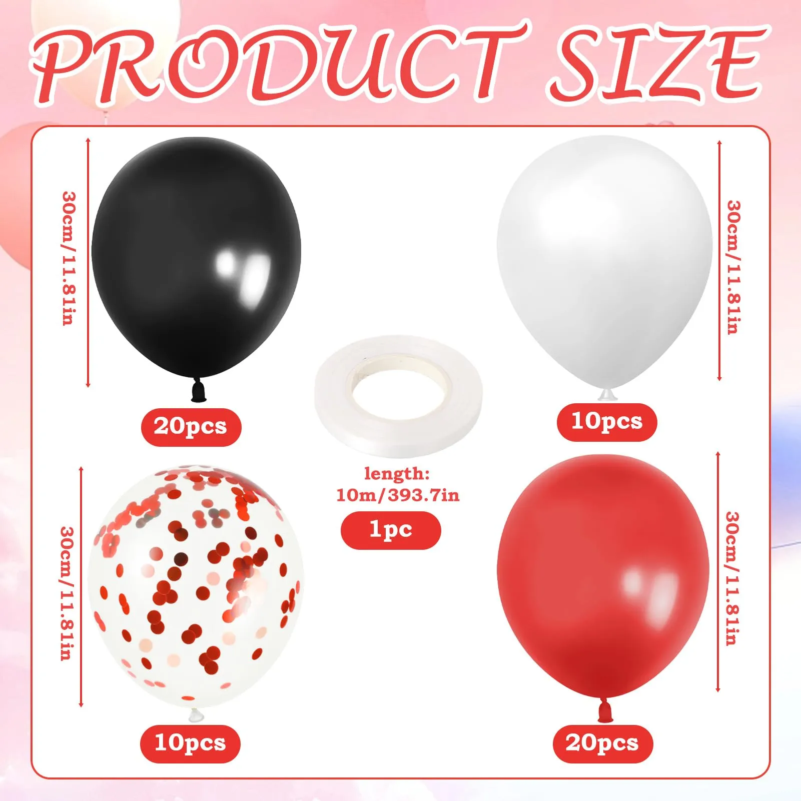 60 Pezzi Palloncini Rossi Neri Bianchi, con Latex Coriandoli Palloncini - immagine 2