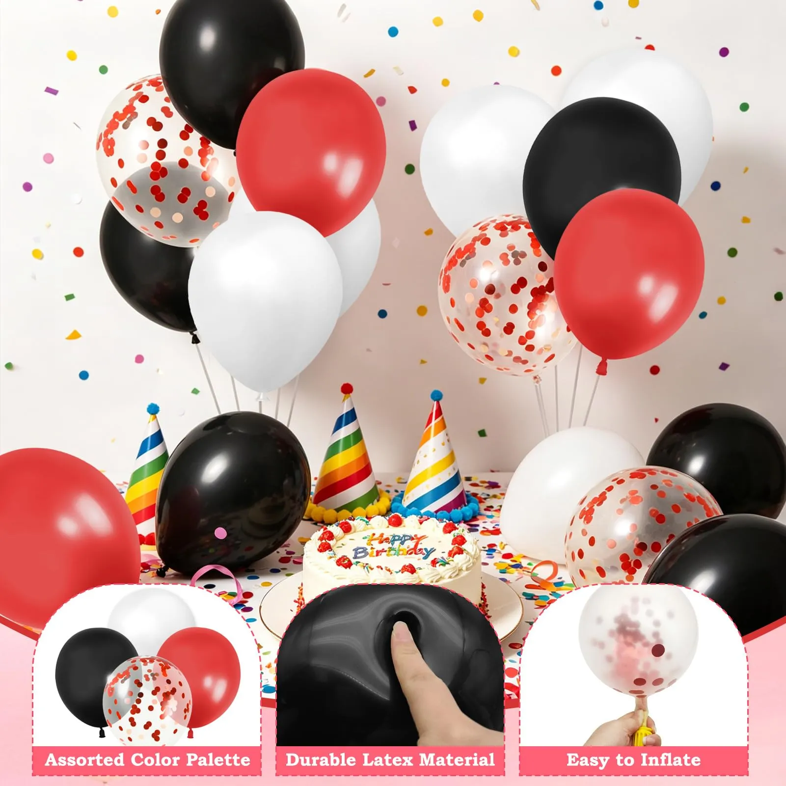 60 Pezzi Palloncini Rossi Neri Bianchi, con Latex Coriandoli Palloncini - immagine 5