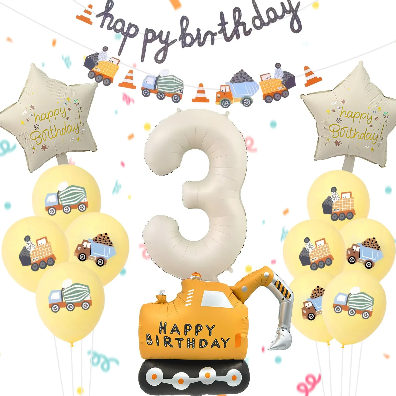 15 Pezzi Decorazione di Compleanno di Escavatori 3 Anni - immagine 1