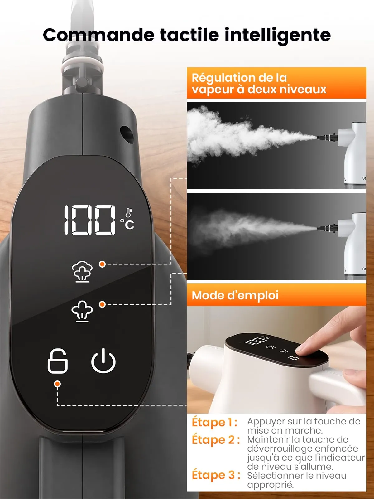 Pulitore a vapore con touchscreen intelligente, riscaldamento in 10 secondi - immagine 3