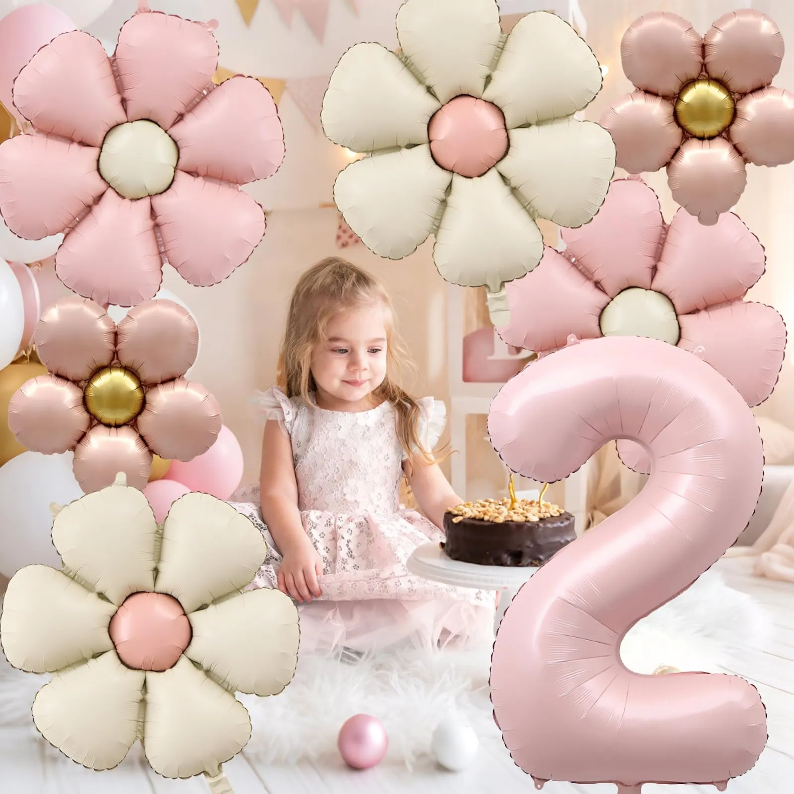 7 Pezzi Palloncini 2 Anno Bimba, Palloncino Foil Margherita - immagine 3