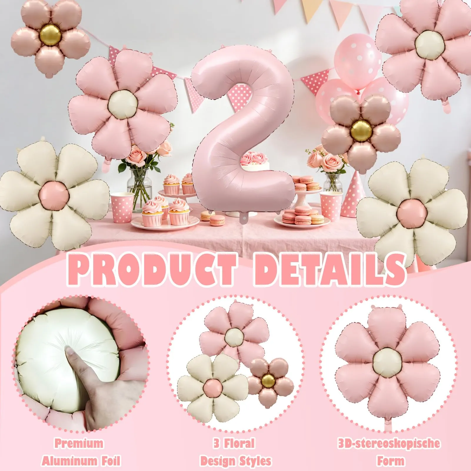 7 Pezzi Palloncini 2 Anno Bimba, Palloncino Foil Margherita - immagine 5