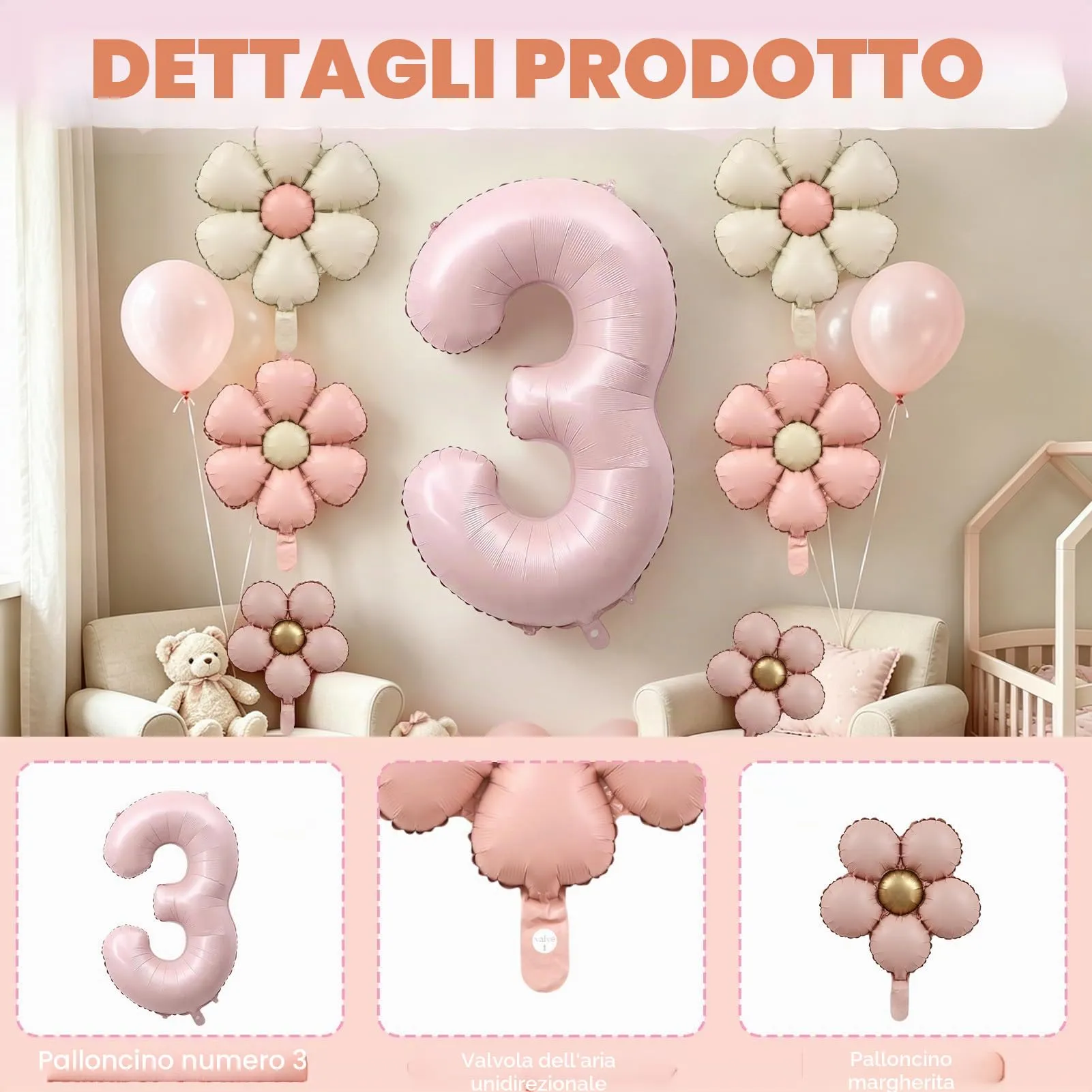7 Pezzi Palloncini 3 Anno Bimba, Palloncino Foil Margherita - immagine 4