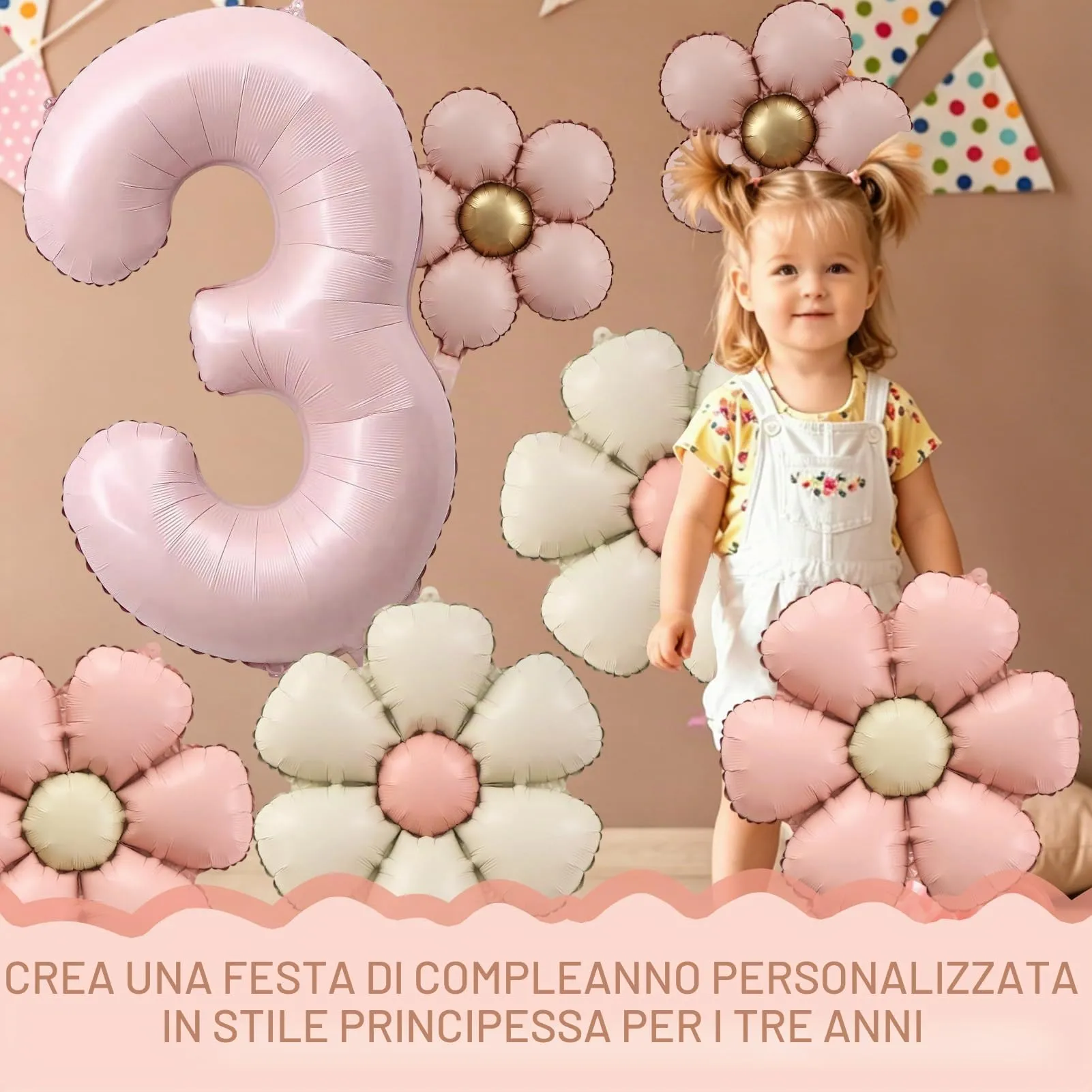 7 Pezzi Palloncini 3 Anno Bimba, Palloncino Foil Margherita - immagine 5