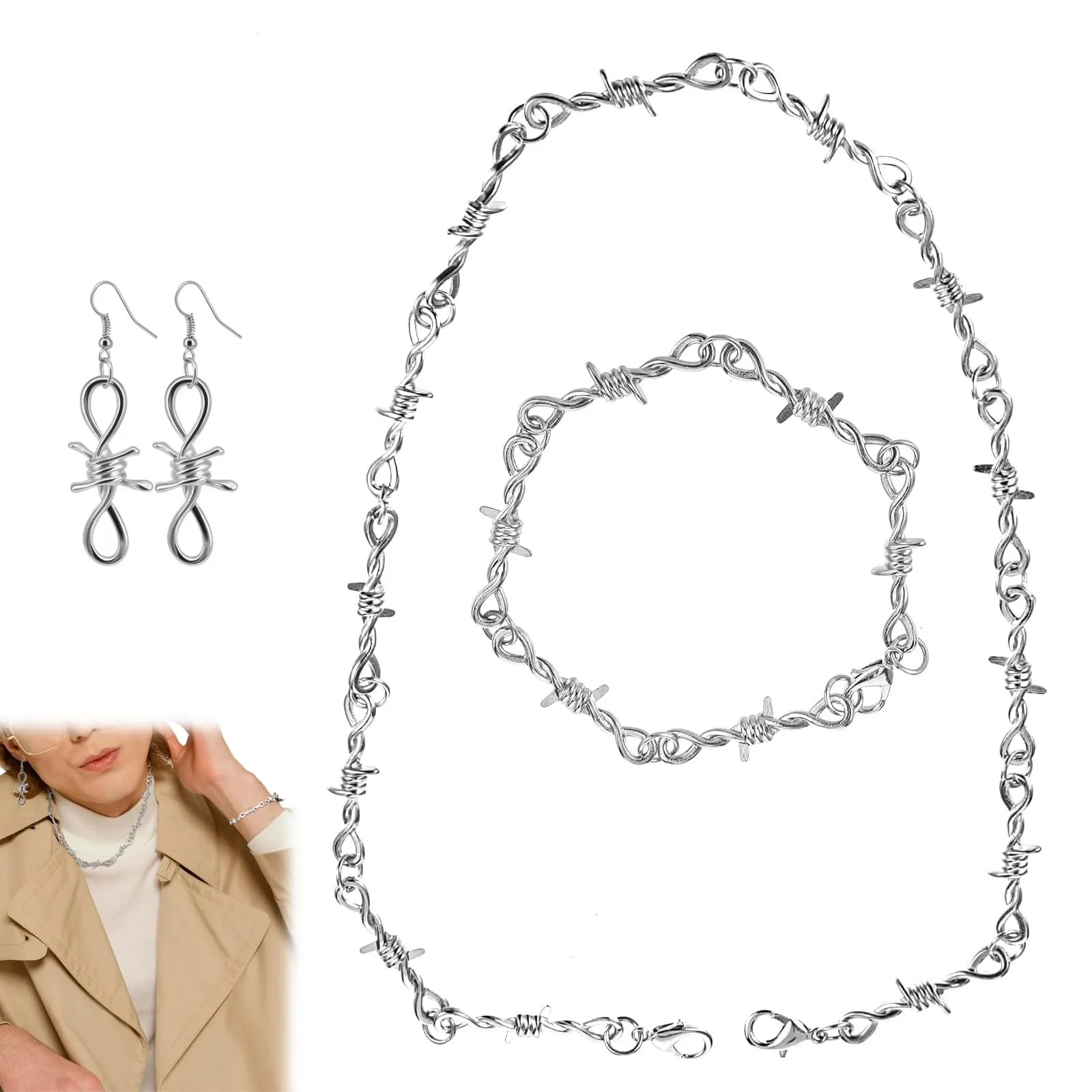 CSVZKIAY Collana Braccialetto Orecchini Set – Set di Gioielli Punk 4 Pezzi con Ricamo, Accessori in Argento Gotico per Uomo e Donna, Y2K Stile con Collana, Bracciale e Orecchini - immagine 1