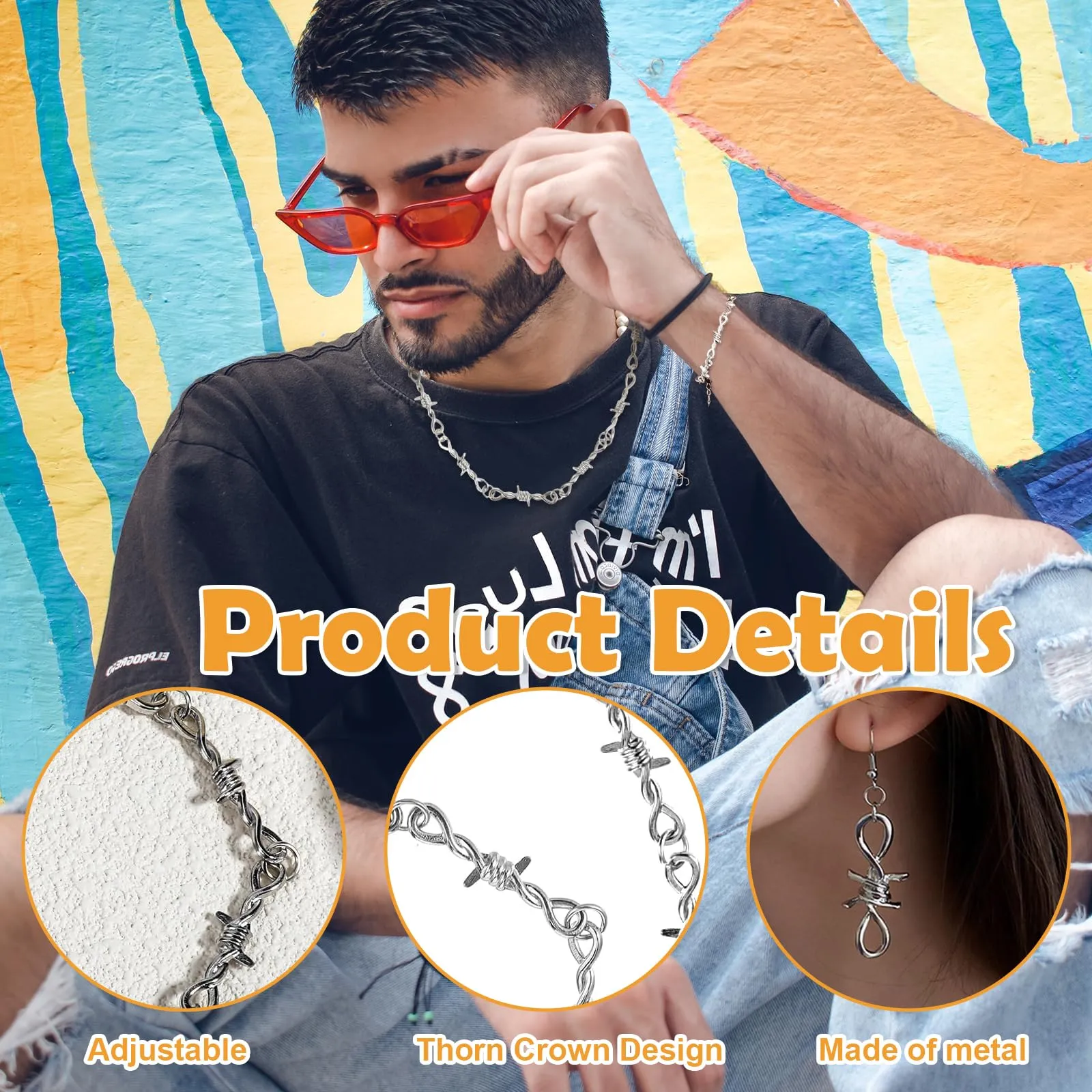 CSVZKIAY Collana Braccialetto Orecchini Set – Set di Gioielli Punk 4 Pezzi con Ricamo, Accessori in Argento Gotico per Uomo e Donna, Y2K Stile con Collana, Bracciale e Orecchini - immagine 3