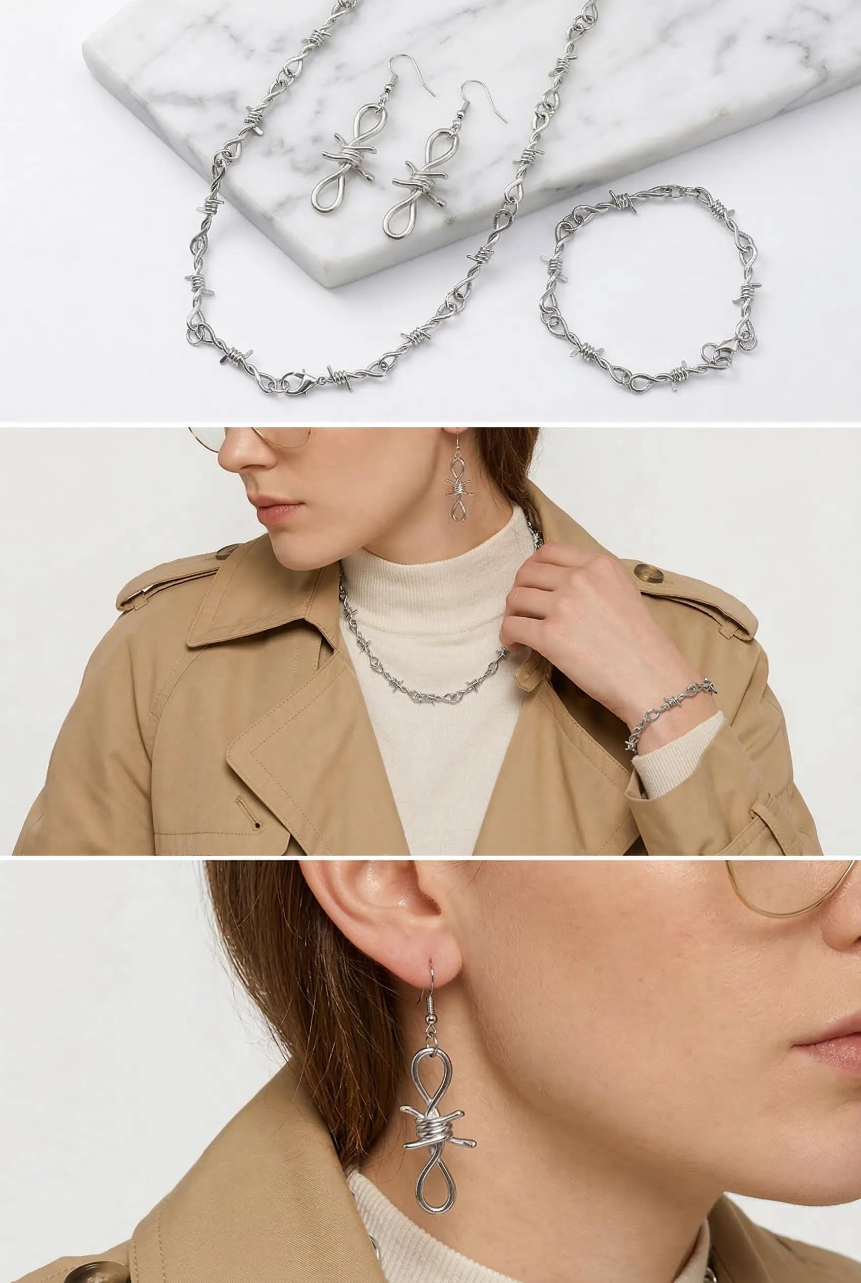 CSVZKIAY Collana Braccialetto Orecchini Set – Set di Gioielli Punk 4 Pezzi con Ricamo, Accessori in Argento Gotico per Uomo e Donna, Y2K Stile con Collana, Bracciale e Orecchini - immagine 5