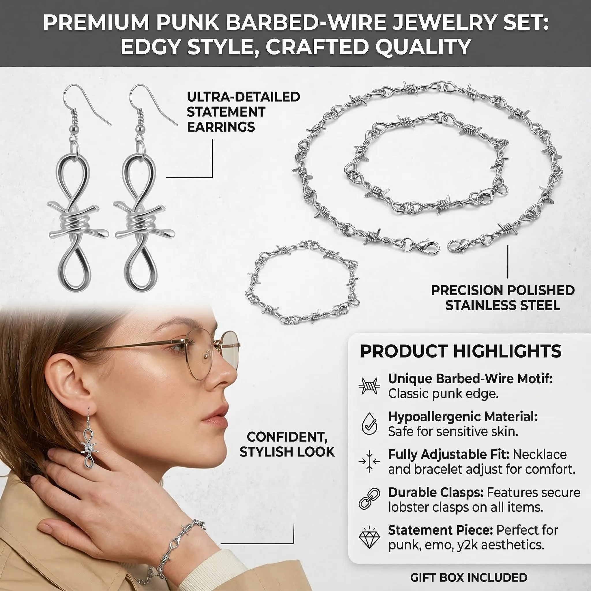 CSVZKIAY Collana Braccialetto Orecchini Set – Set di Gioielli Punk 4 Pezzi con Ricamo, Accessori in Argento Gotico per Uomo e Donna, Y2K Stile con Collana, Bracciale e Orecchini - immagine 6