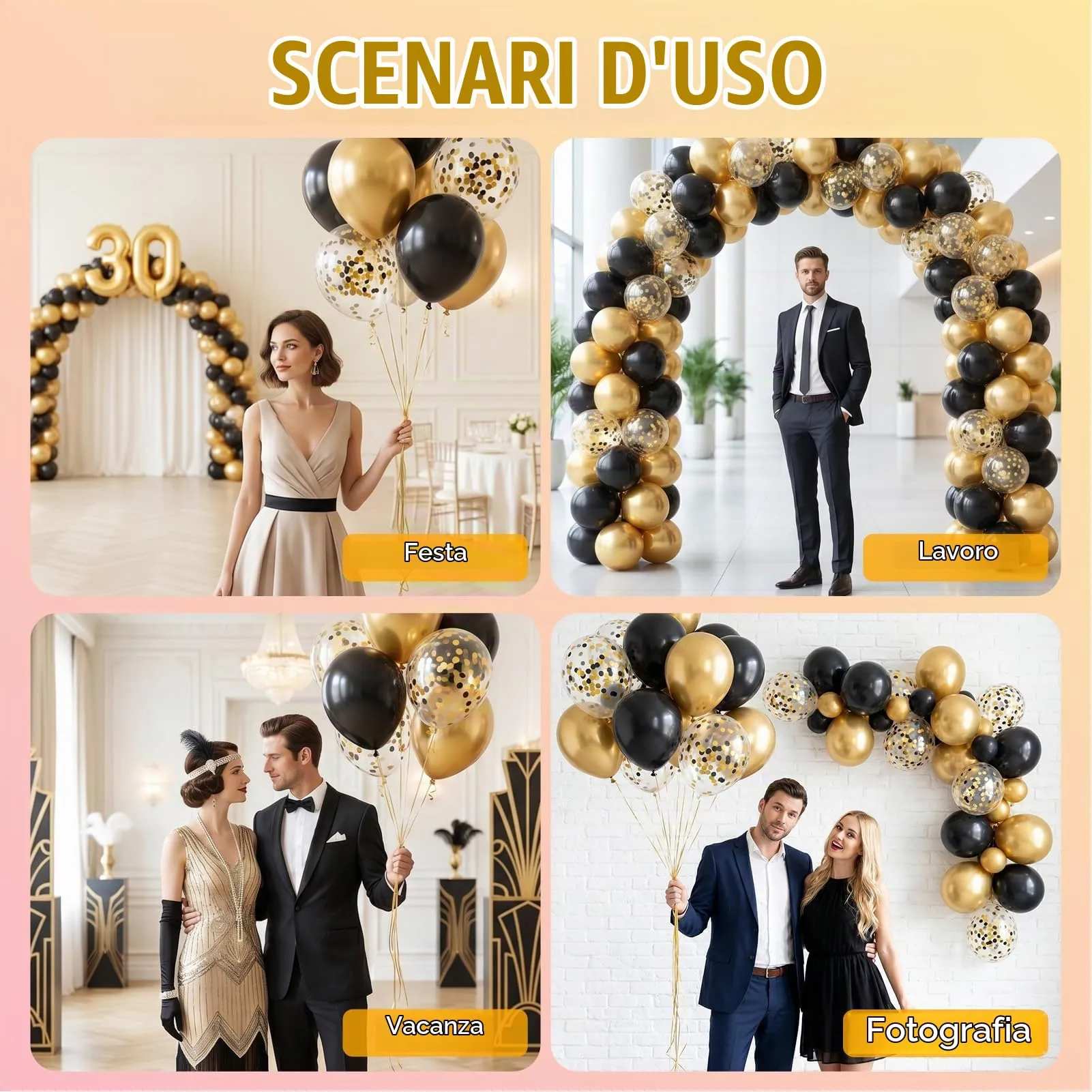 60 Pezzi Set Decorazioni Compleanno Oro e Nero, Palloncini Nero e Oro - immagine 4