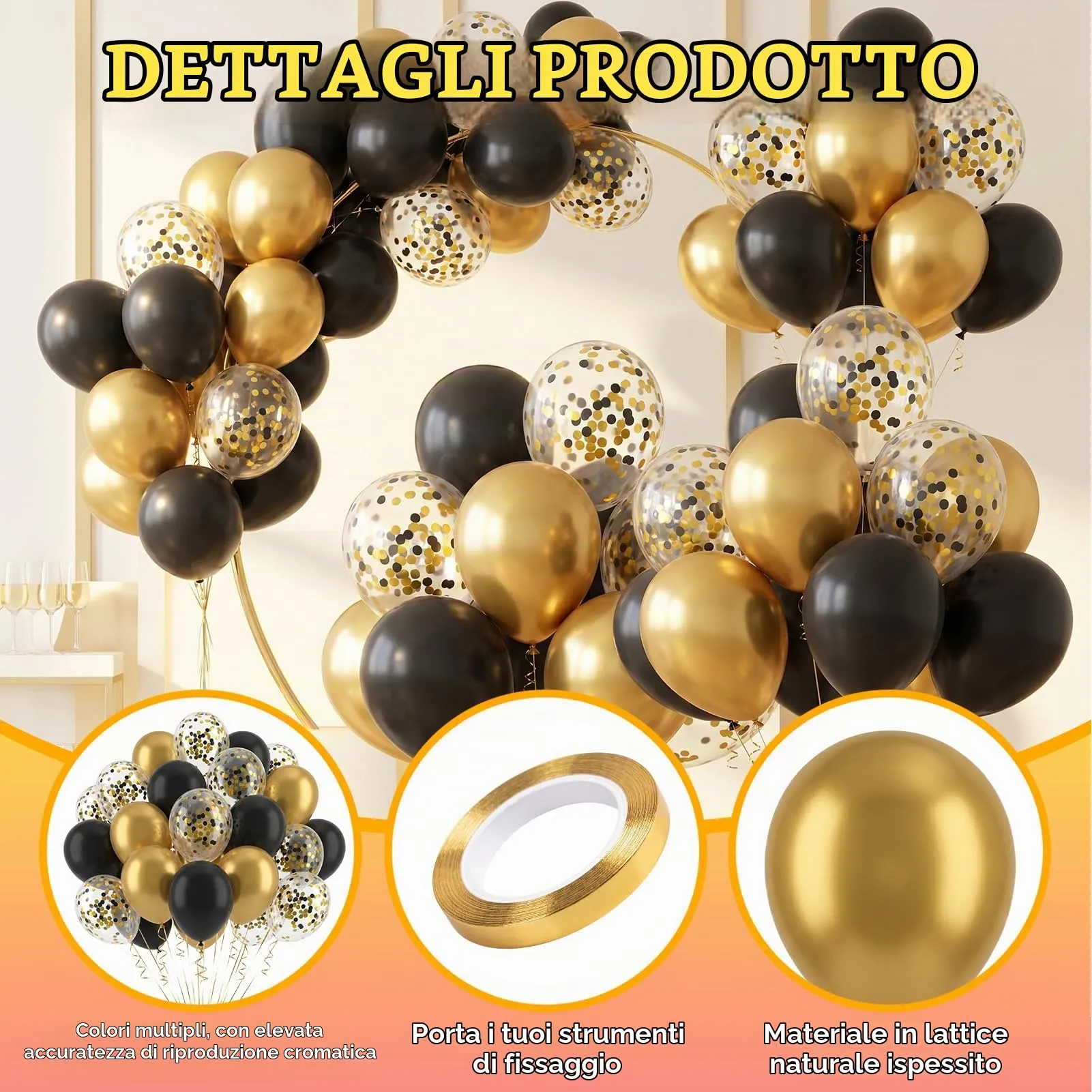 60 Pezzi Set Decorazioni Compleanno Oro e Nero, Palloncini Nero e Oro - immagine 5