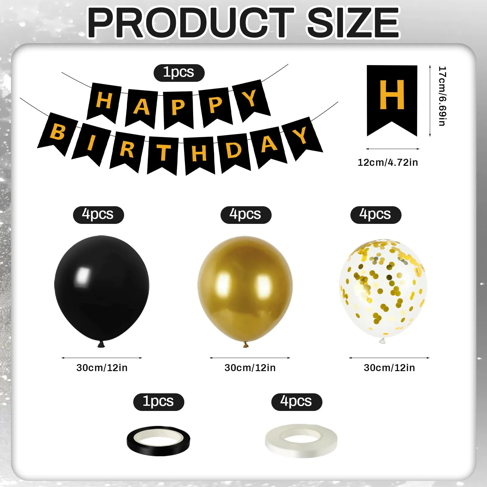 13 Pezzi Decorazioni Compleanno Oro e Nero, Oro Nero Confetti Palloncini - immagine 2