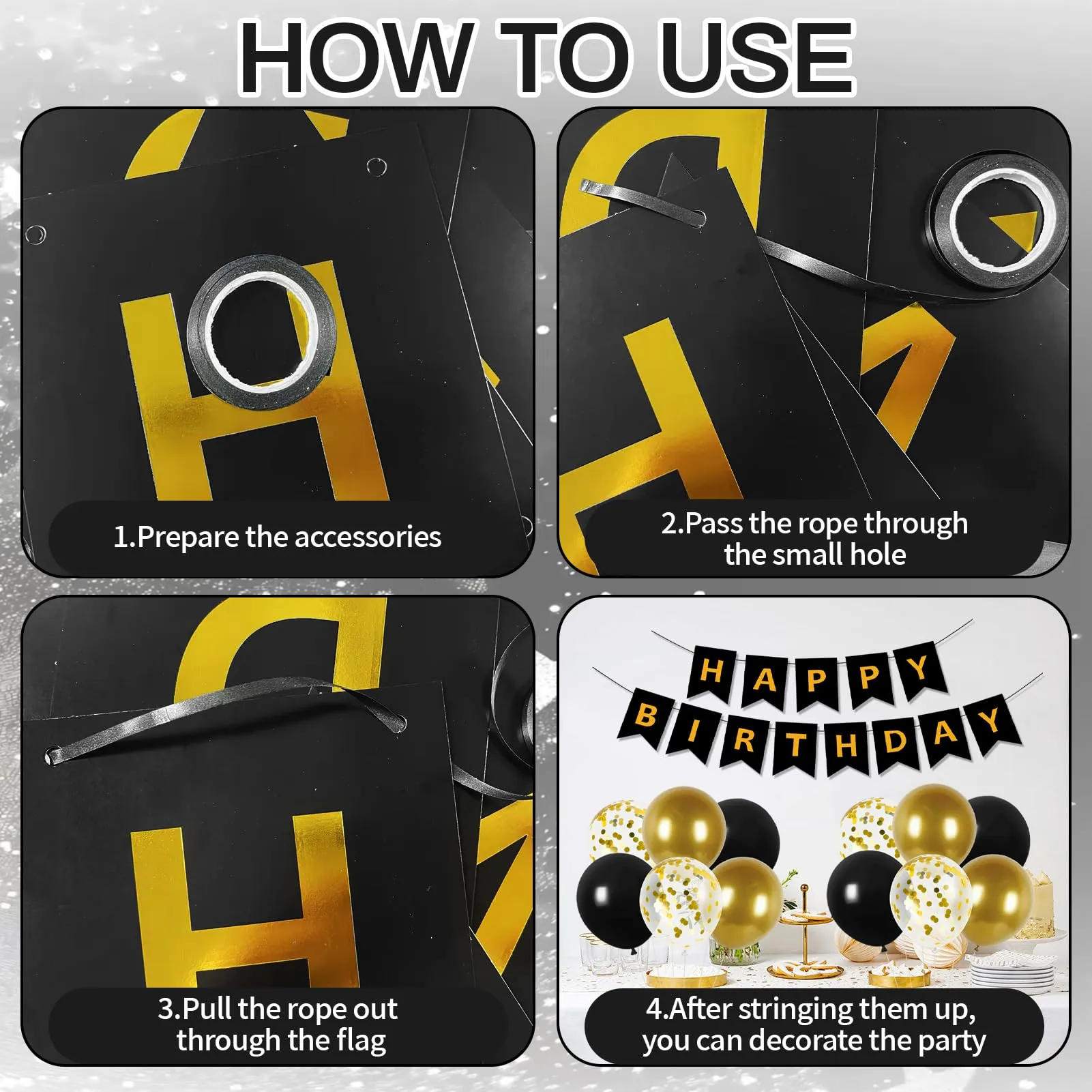 13 Pezzi Decorazioni Compleanno Oro e Nero, Oro Nero Confetti Palloncini - immagine 3