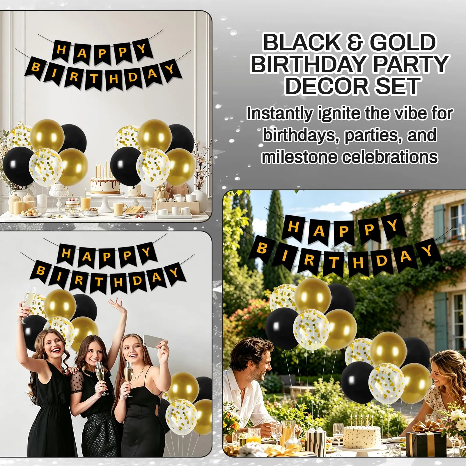 13 Pezzi Decorazioni Compleanno Oro e Nero, Oro Nero Confetti Palloncini - immagine 4