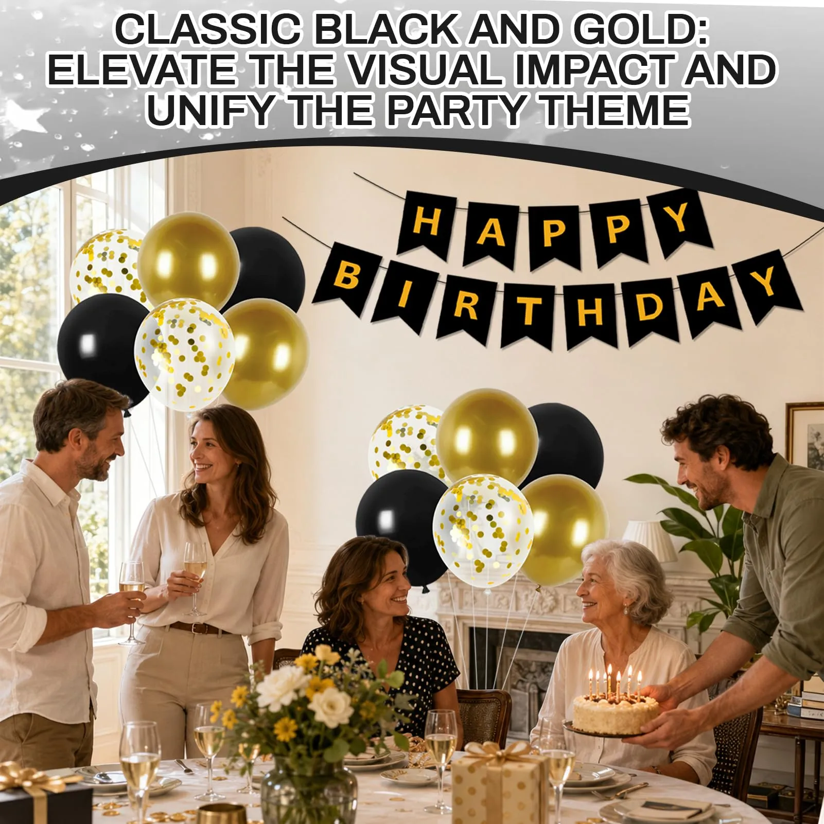 13 Pezzi Decorazioni Compleanno Oro e Nero, Oro Nero Confetti Palloncini - immagine 5