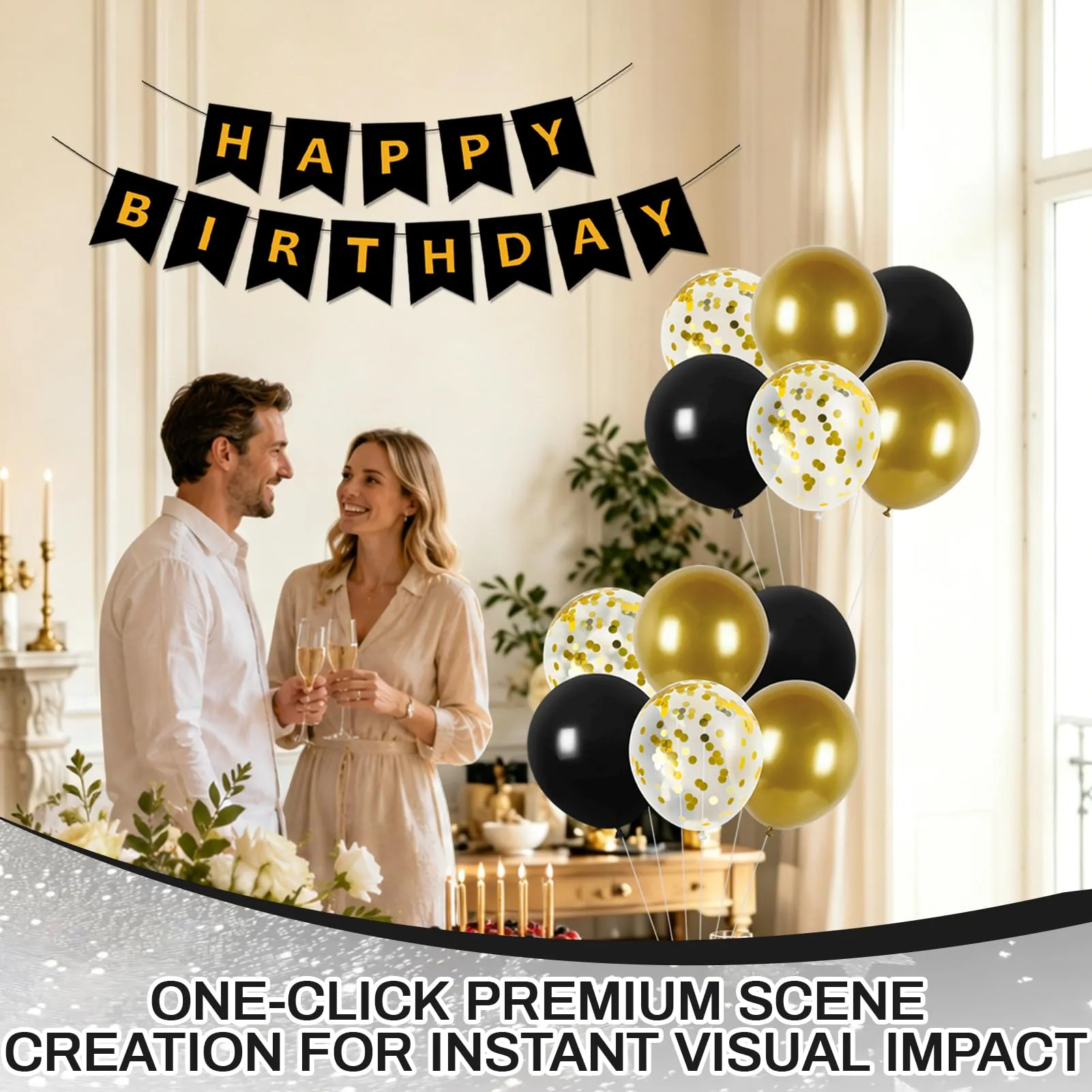 13 Pezzi Decorazioni Compleanno Oro e Nero, Oro Nero Confetti Palloncini - immagine 6
