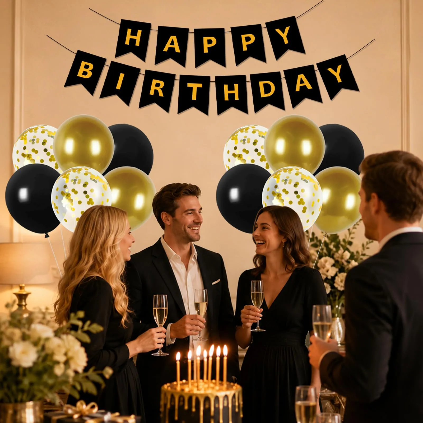 13 Pezzi Decorazioni Compleanno Oro e Nero, Oro Nero Confetti Palloncini - immagine 7