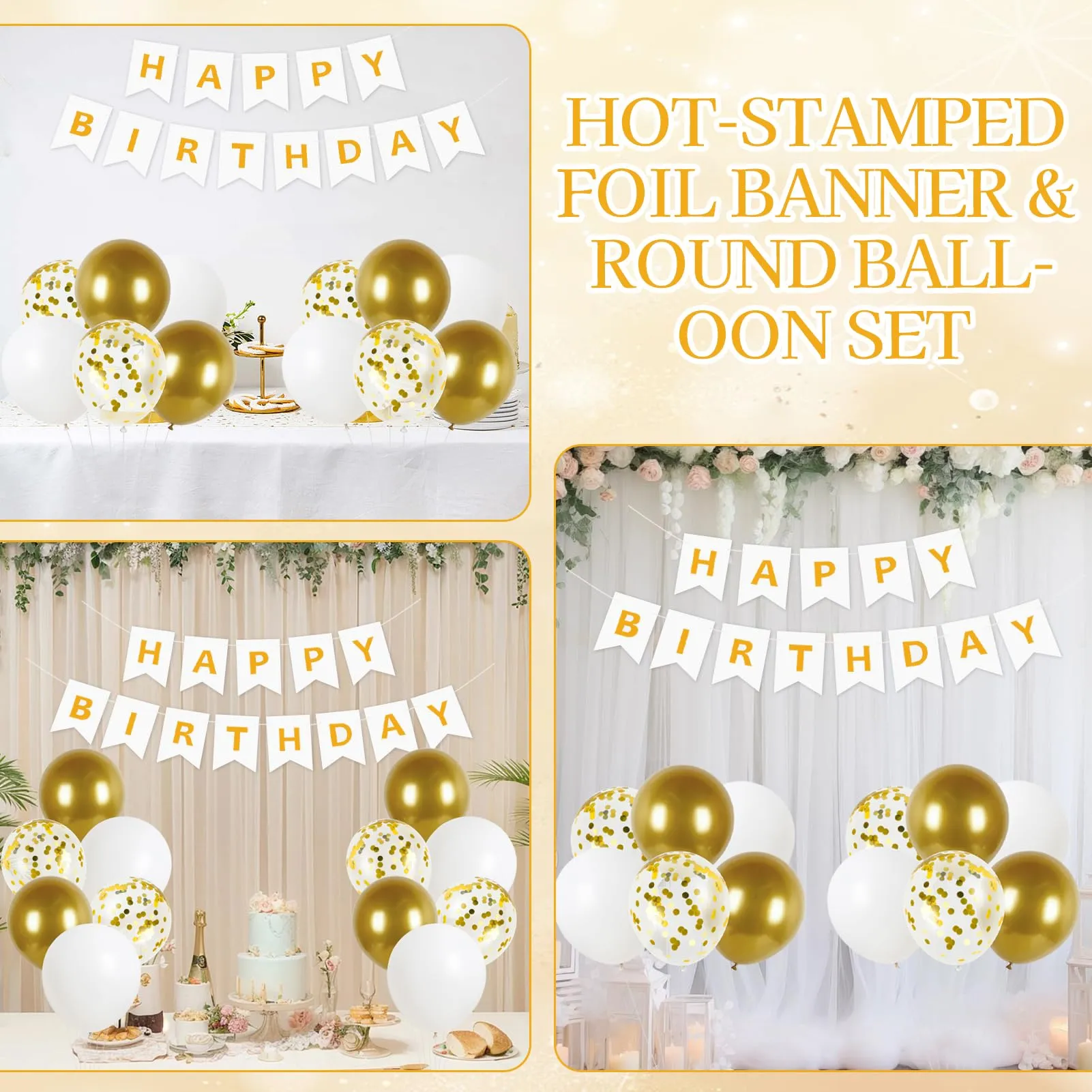 13 Pezzi Decorazioni Compleanno Bianco Oro, Palloncini Oro e Bianco - immagine 7